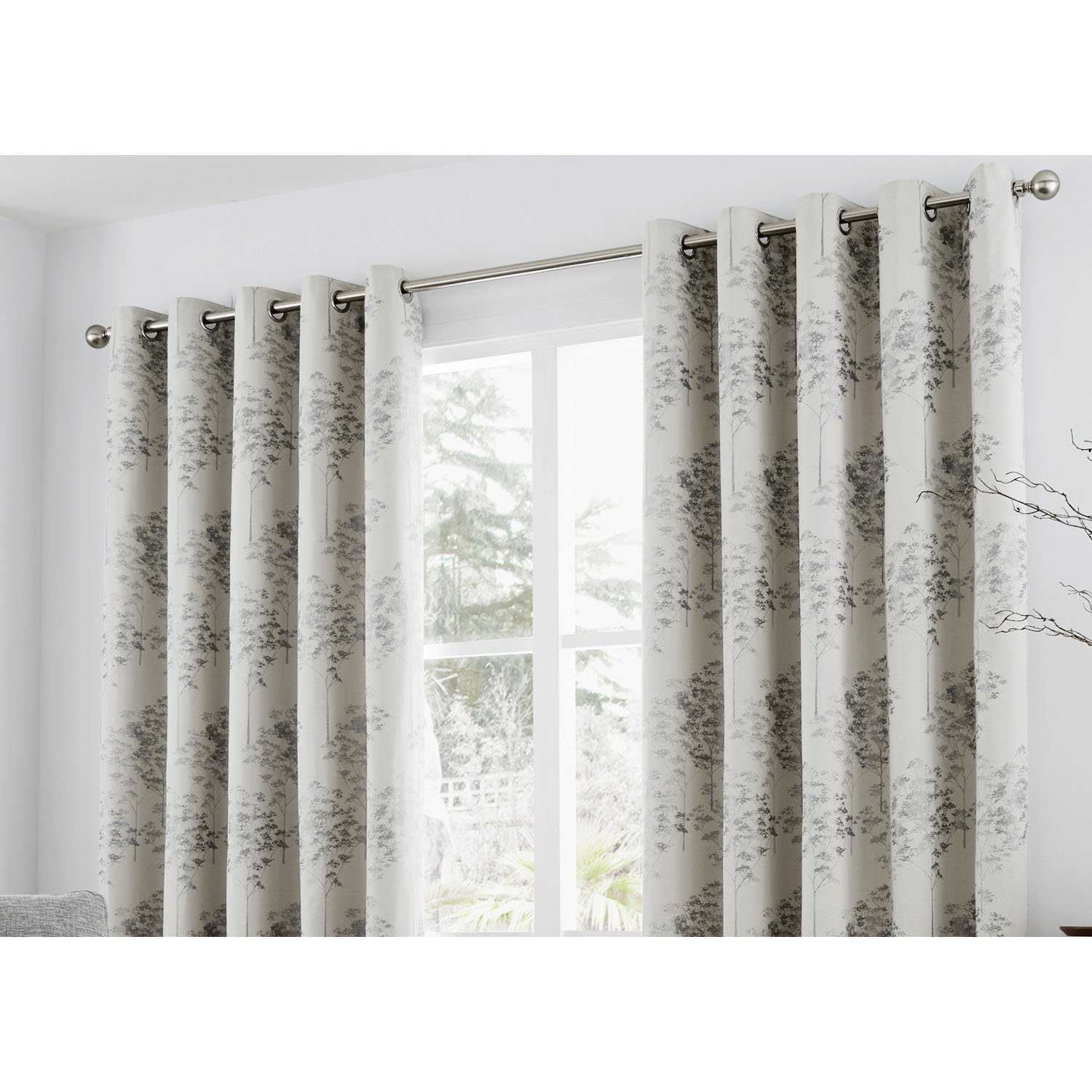 Curtina Elmwood Floral Print Eyelet Lined Curtains, Silver, 66 x 54 Inch