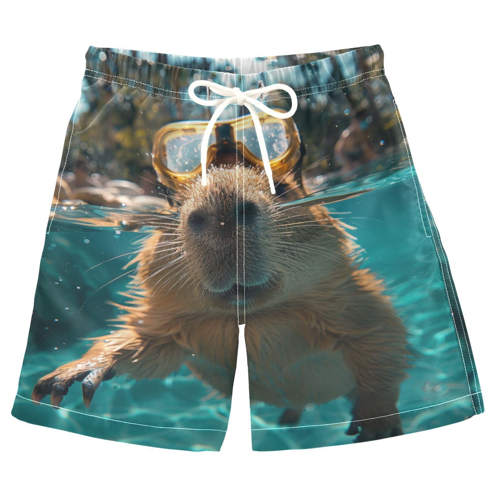 KEEPREAL Cute Capybara Swimming Boys Swim Trunks with Mesh Liner Quick Dry Stretchy Board Shorts for 8-14 Years Boys Swimwear#328