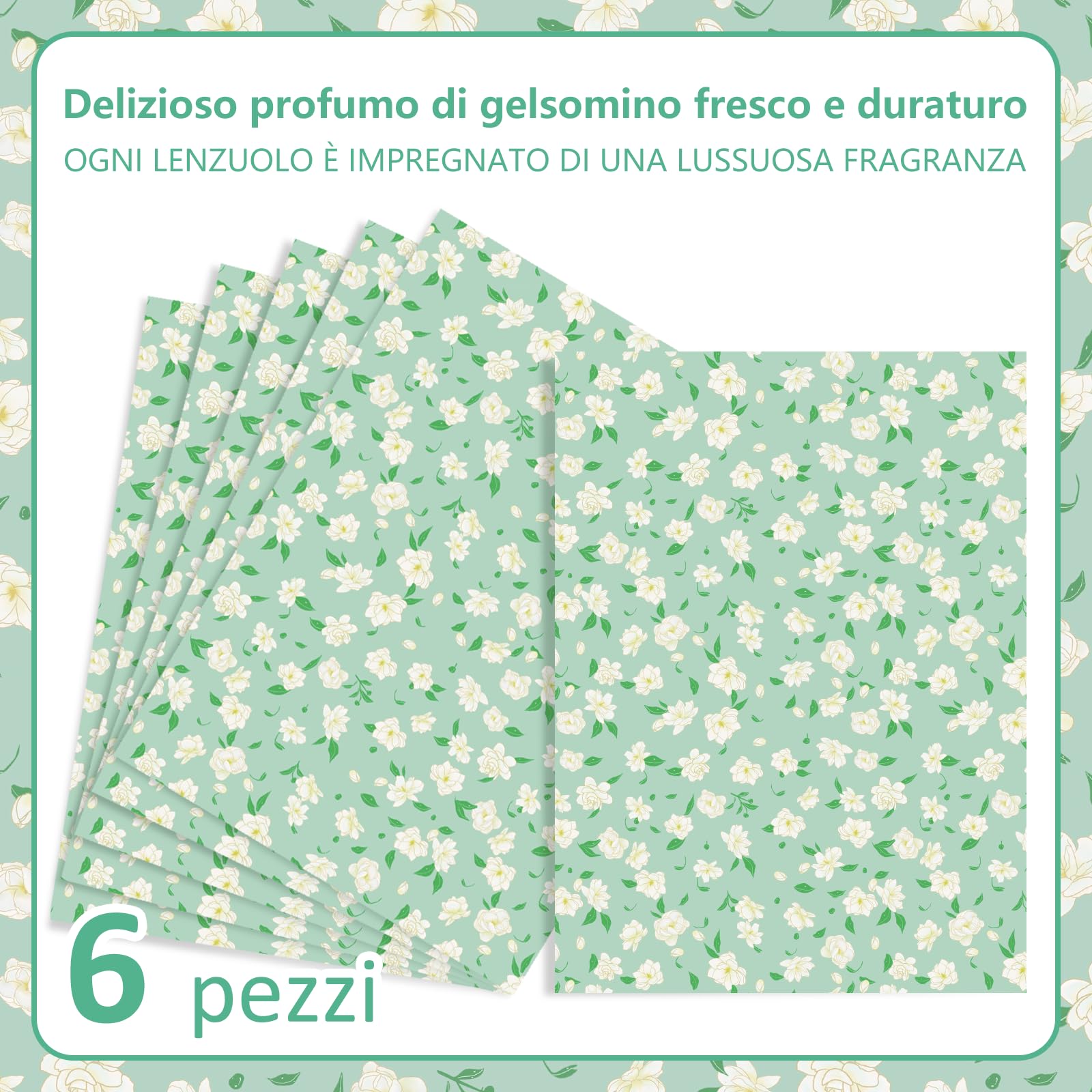 Carta Profumata di jasmine Fresco per Cassetti Fodere per Armadi per Profumare i Vestiti e Decorare i Mobili, 6 Fogli 36..5 x 50 cm