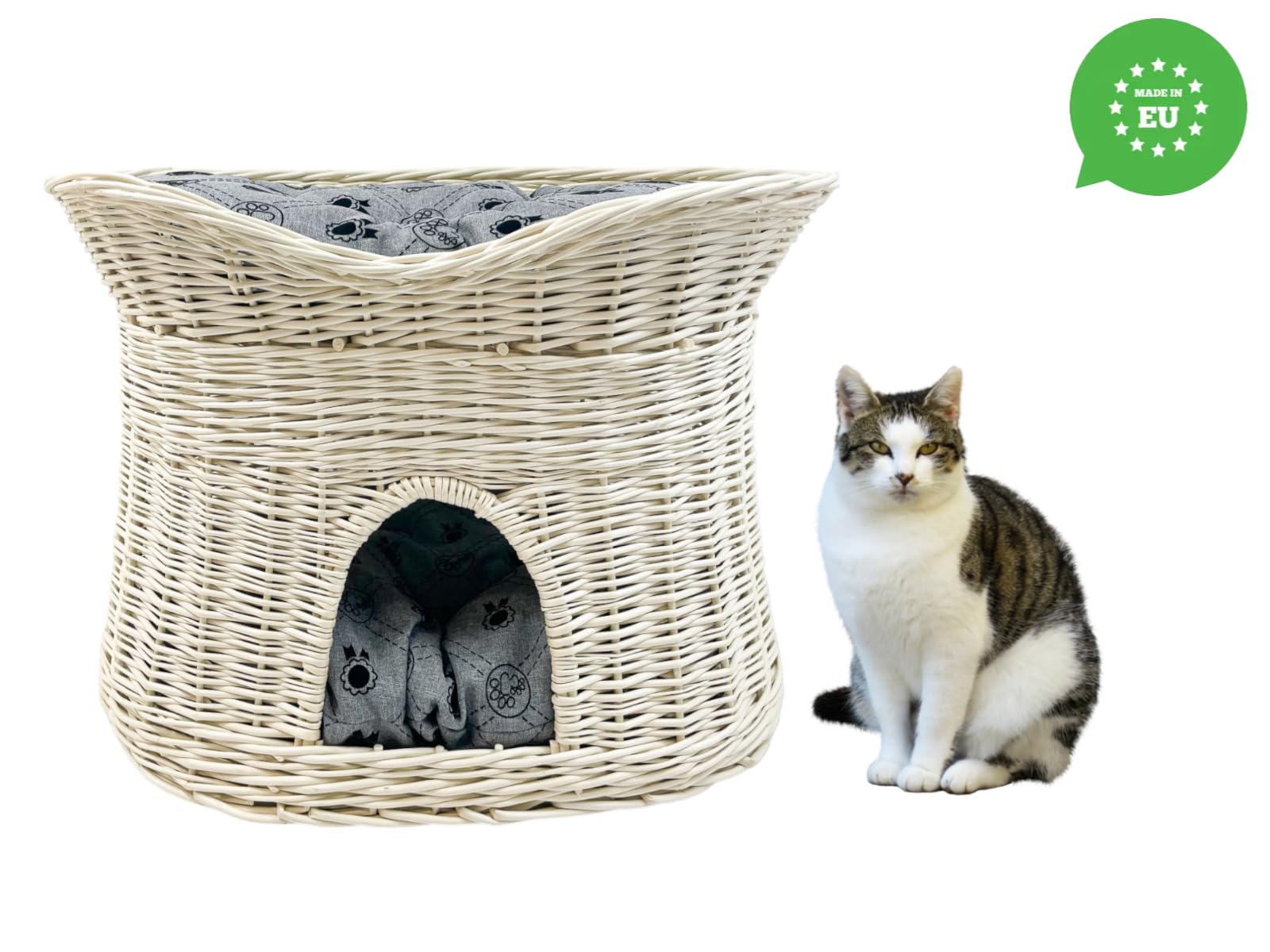 Katzenkorb zum Schlafen – Katzenhütte Indoor – Größe L: 60 cm oval – Katzenhöhle aus Weide – Zweistöckiger Hunde – oder Katzenbett mit waschbaren Kissen in Graue – Weiße korbfarbe