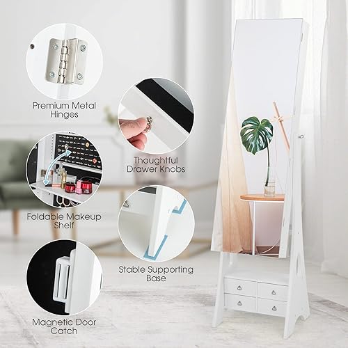 Miniatura 6 de GOFLAME Joyero independiente armario de joyería con luz LED con espejo sin marco de longitud completa estante plegable 6 cajones gabinete de joyería