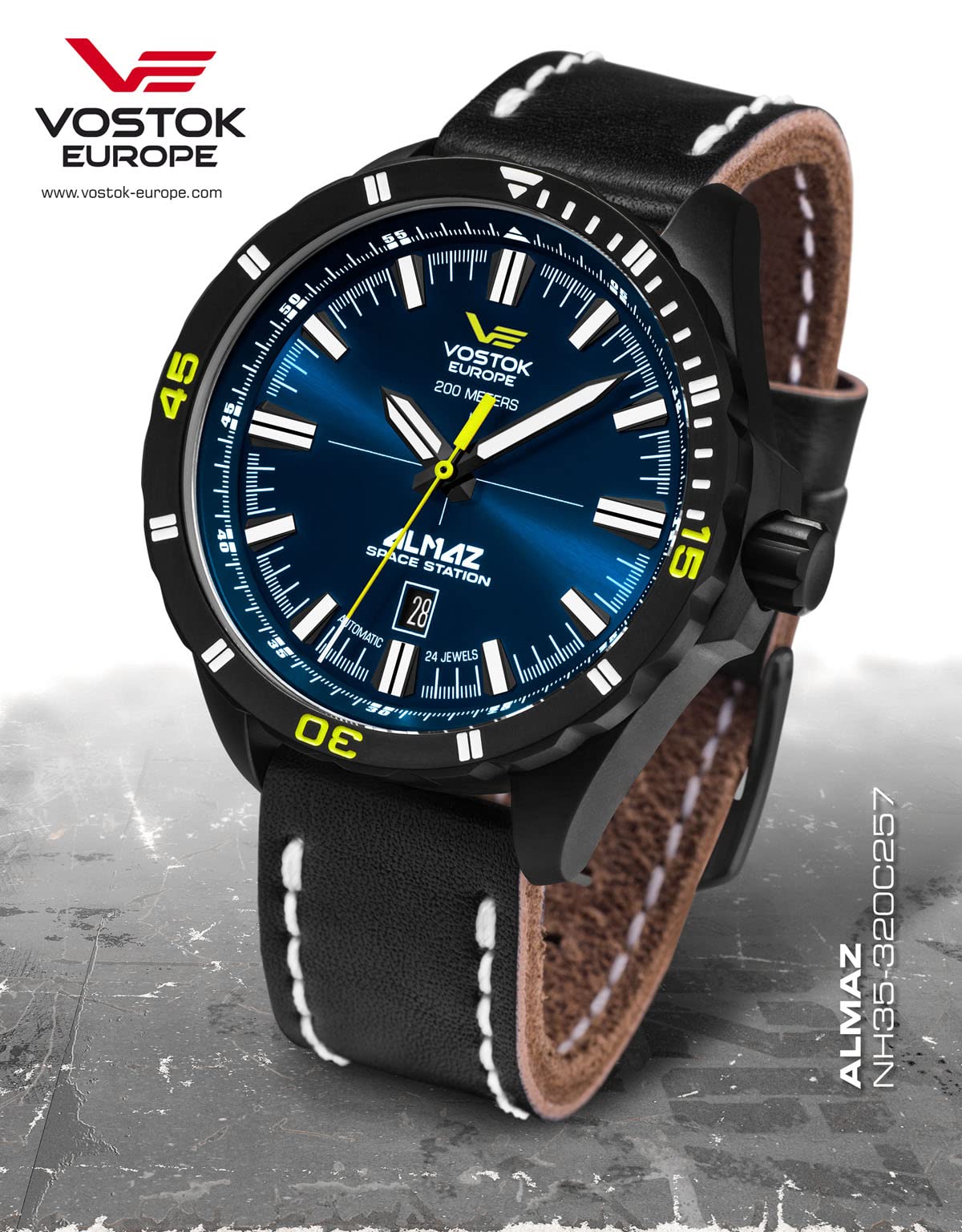 Vostok Europe Almaz Space Station 320C257 - Reloj automático para hombre con correa de piel y fecha, Correa