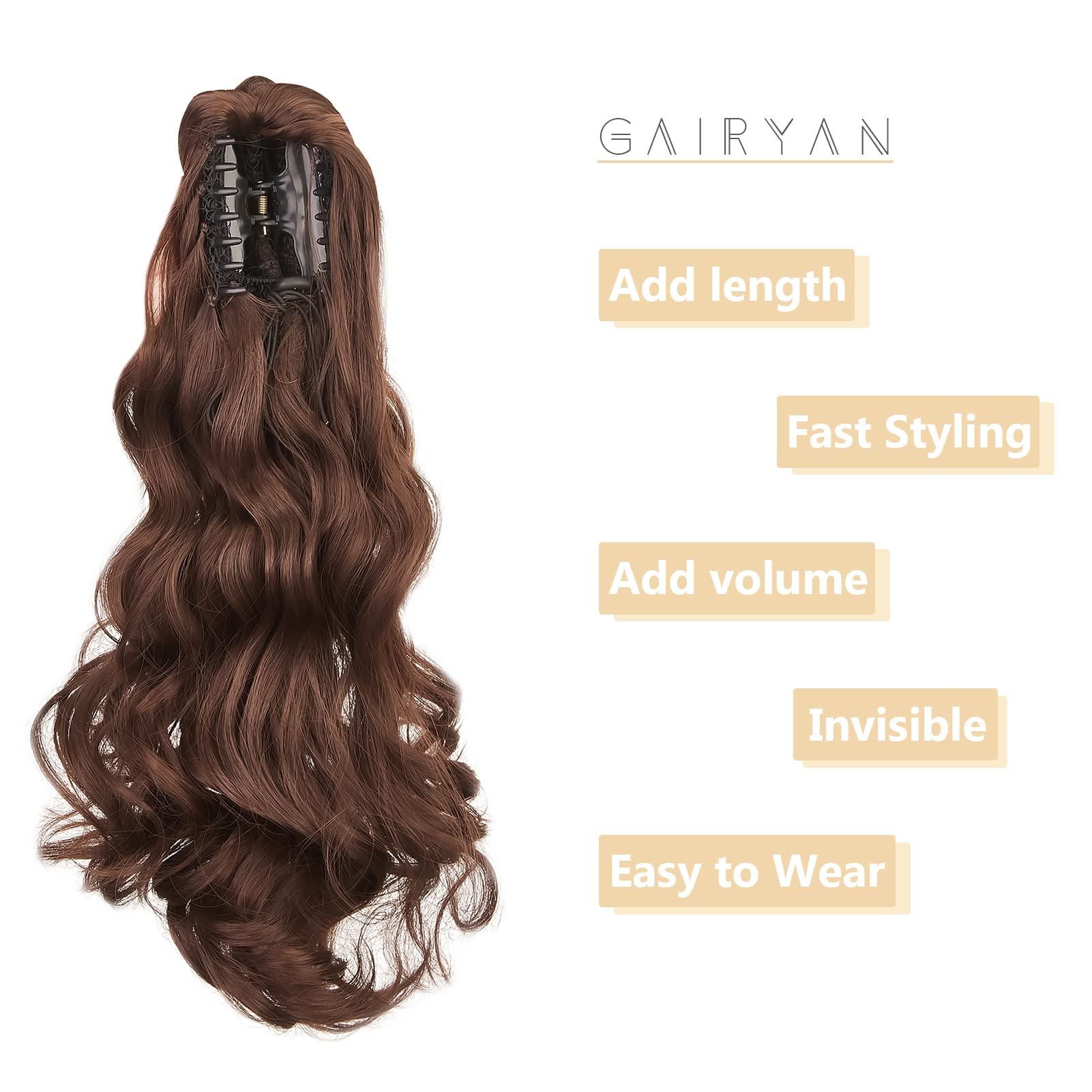 Gairyan 18inch Ponytail Extension Clip in Ponytail Hair Extensions Curly Wavy Pony Tails Claw on Ponytail Long Synthetic Hairpieces for Women Soft Real Look Wave (Dark Brown & Dark Auburn) - Image 4