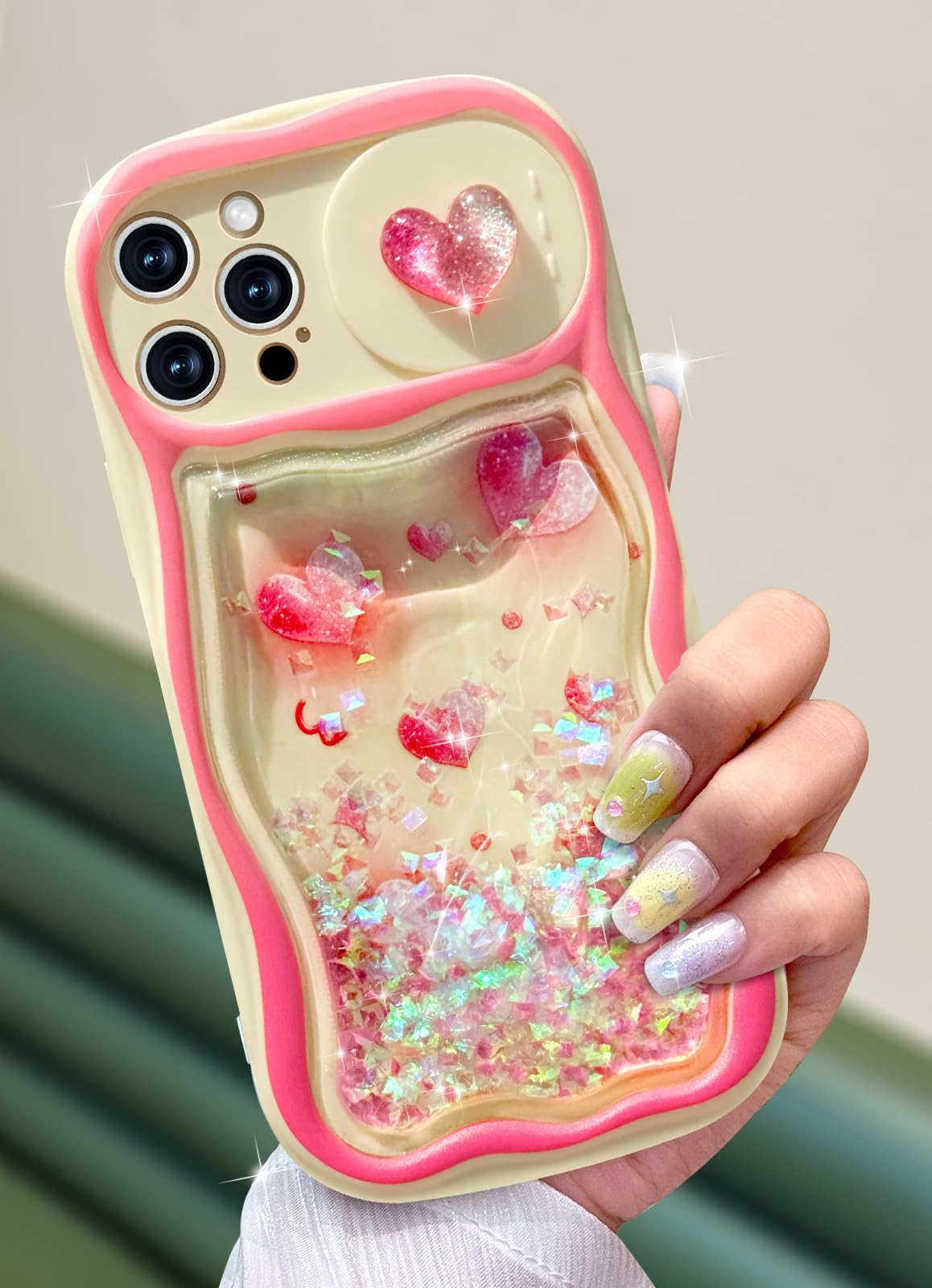Toycamp for iPhone 13 Pro Max Case - Women Girls Cute Cover Hearts with Sliding Camera Cover Glitter Fashion Teens Girly Pretty Teens Design Flowing