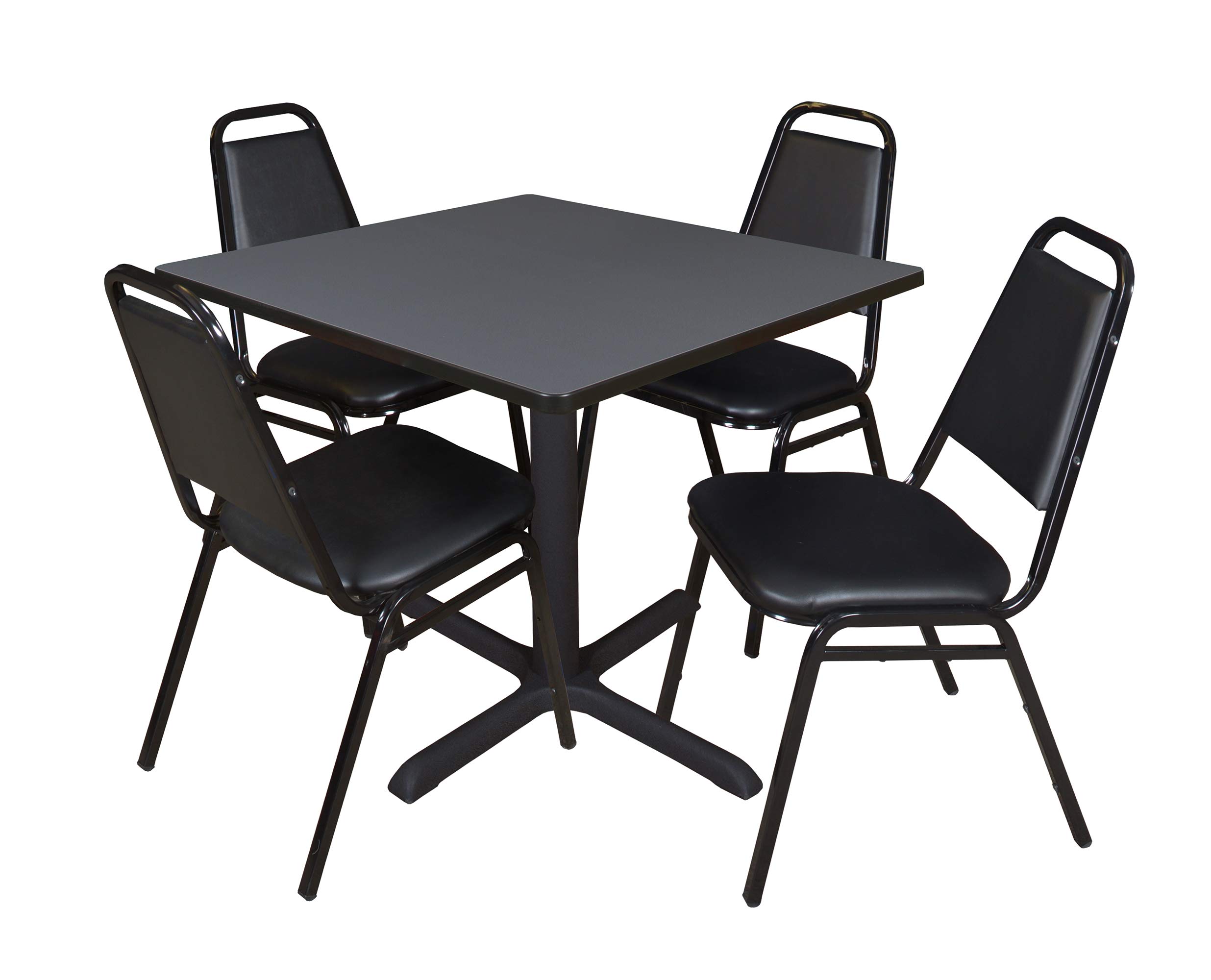 Romig Pillar 42 in. Square X-Base Breakroom Table- Grey &amp; 4 Restaurant Stack Chairs- Black