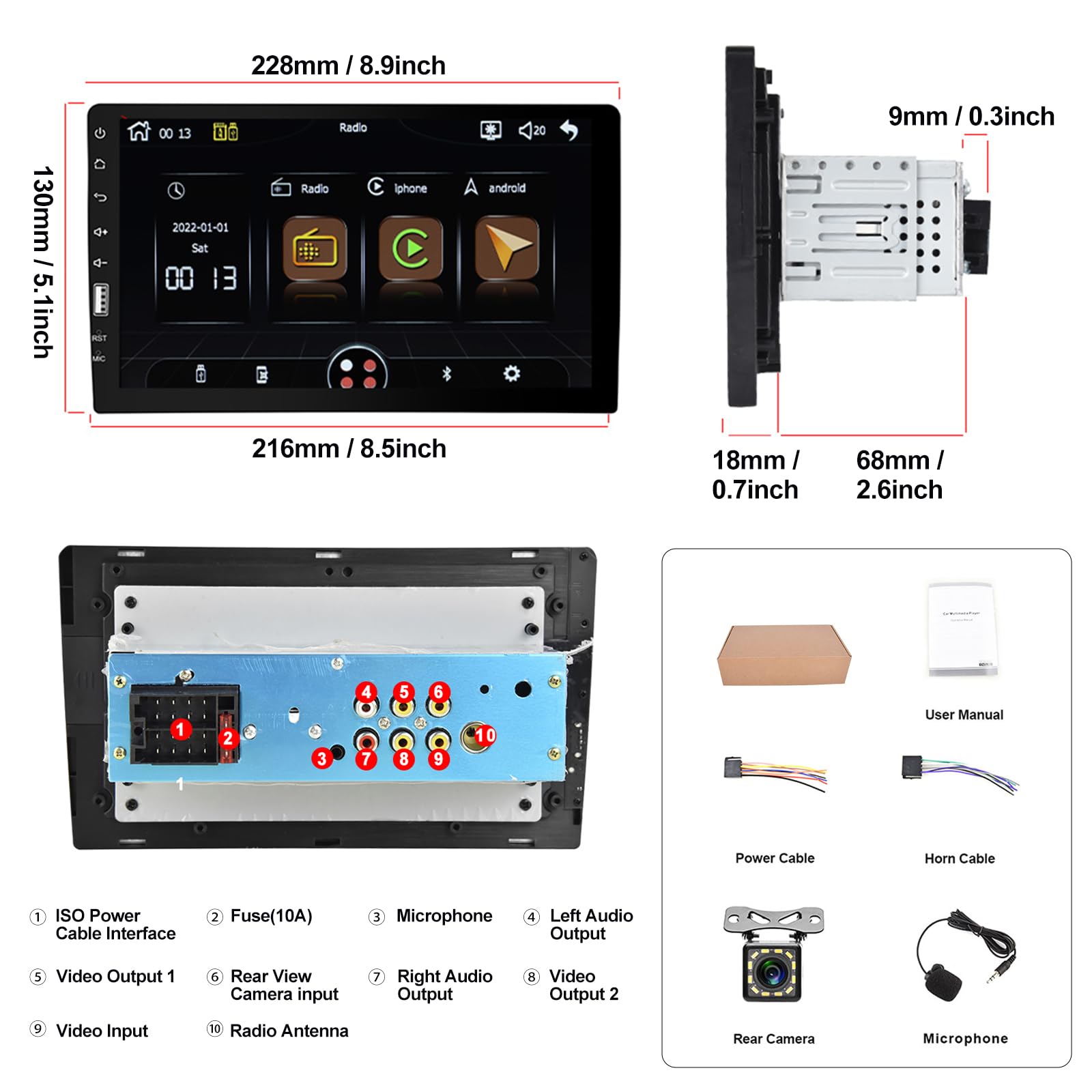 SIXWIN Autoradio 1 Din con Wireless CarPlay Android Auto,9 Pollici Stereo Auto con Bluetooth/FM/Mirror Link/AUX/Controllo del Volante+Telecamera