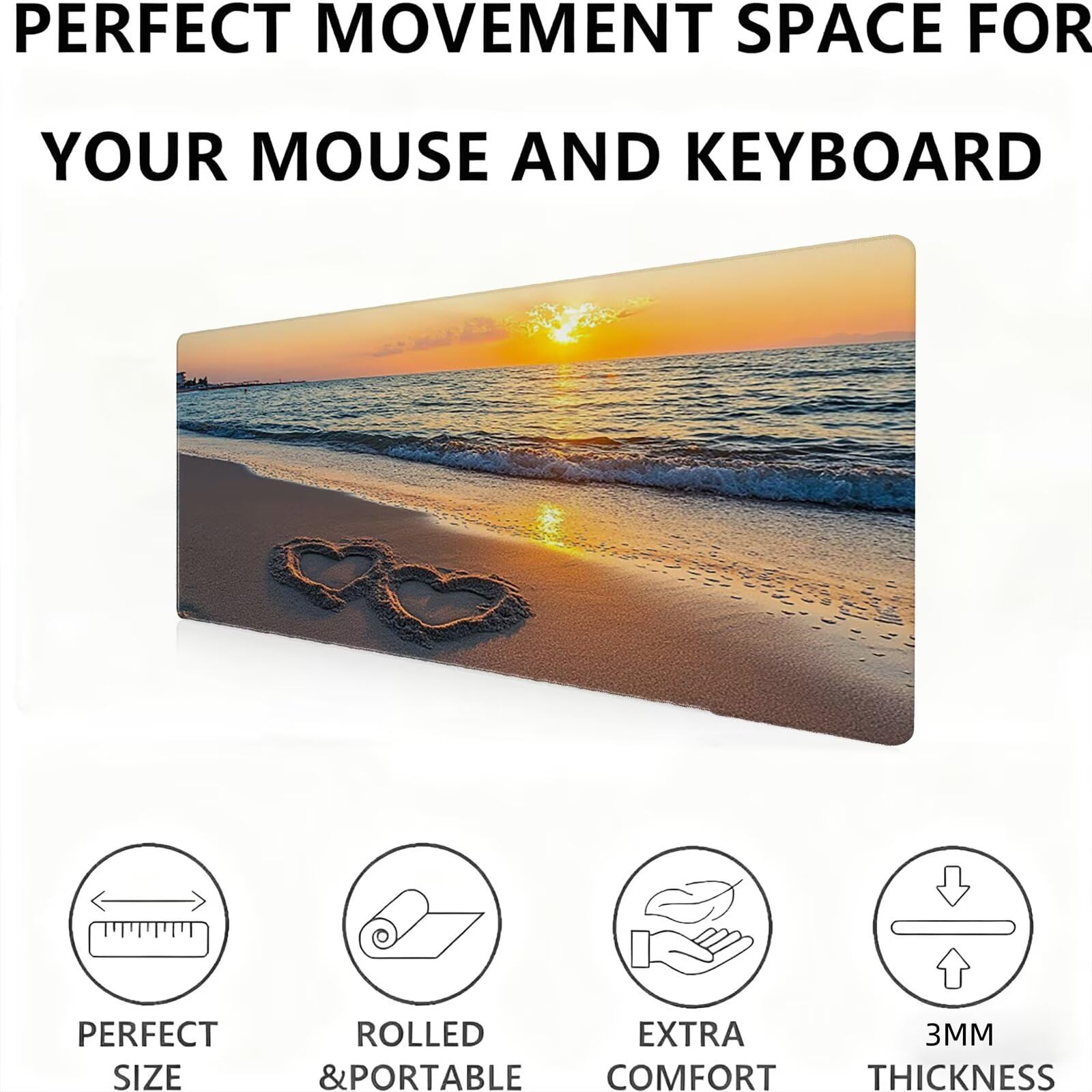 Podkładka pod mysz XXL piasek plaża/miłość 1500 x 800 mm duża podkładka pod mysz szyte krawędzie wodoodporna antypoślizgowa duże rozszerzone akcesoria biurowe do komputera, przenośny poprawia