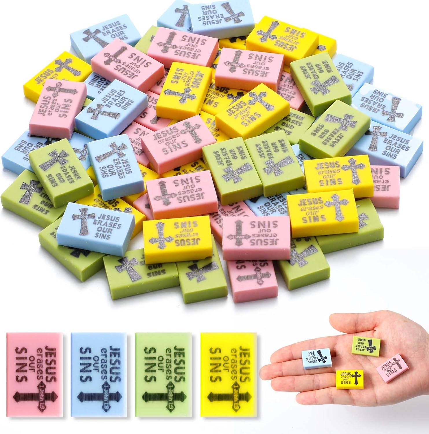 Dunzoom 100 Pcs Christian Eraser for Kids Bulk Small Pastel Religious Bible Jesus Erases Our Sins Eraser for Church Sunday School Supplies