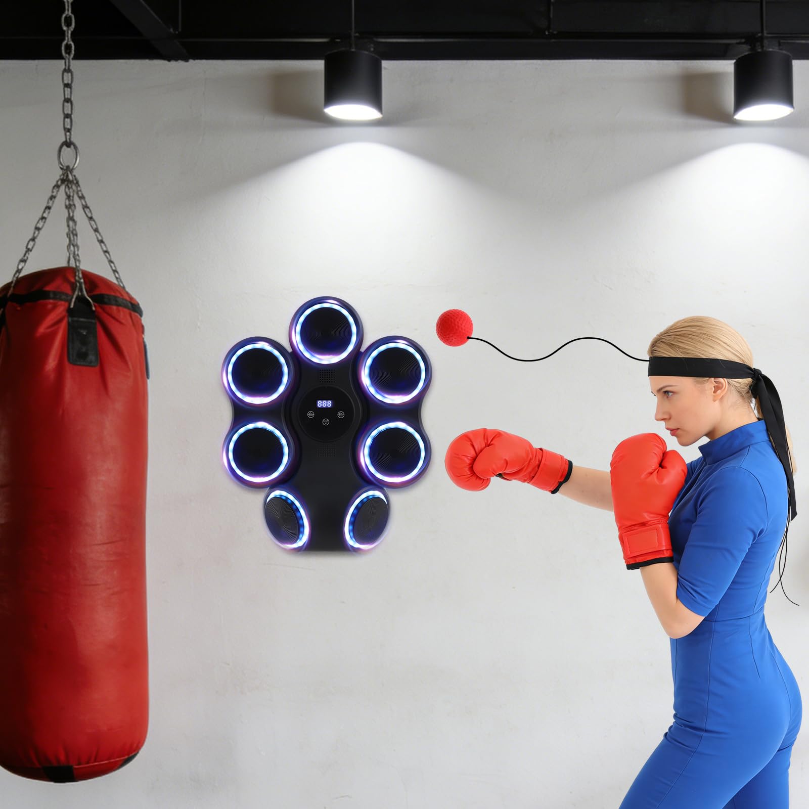 Macchina da boxe con musica e luce, allenamento interattivo, montaggio a parete, 7 obiettivi | Ricarica USB: controllo touch screen e 11 modalità di impatto per un allenamento vario