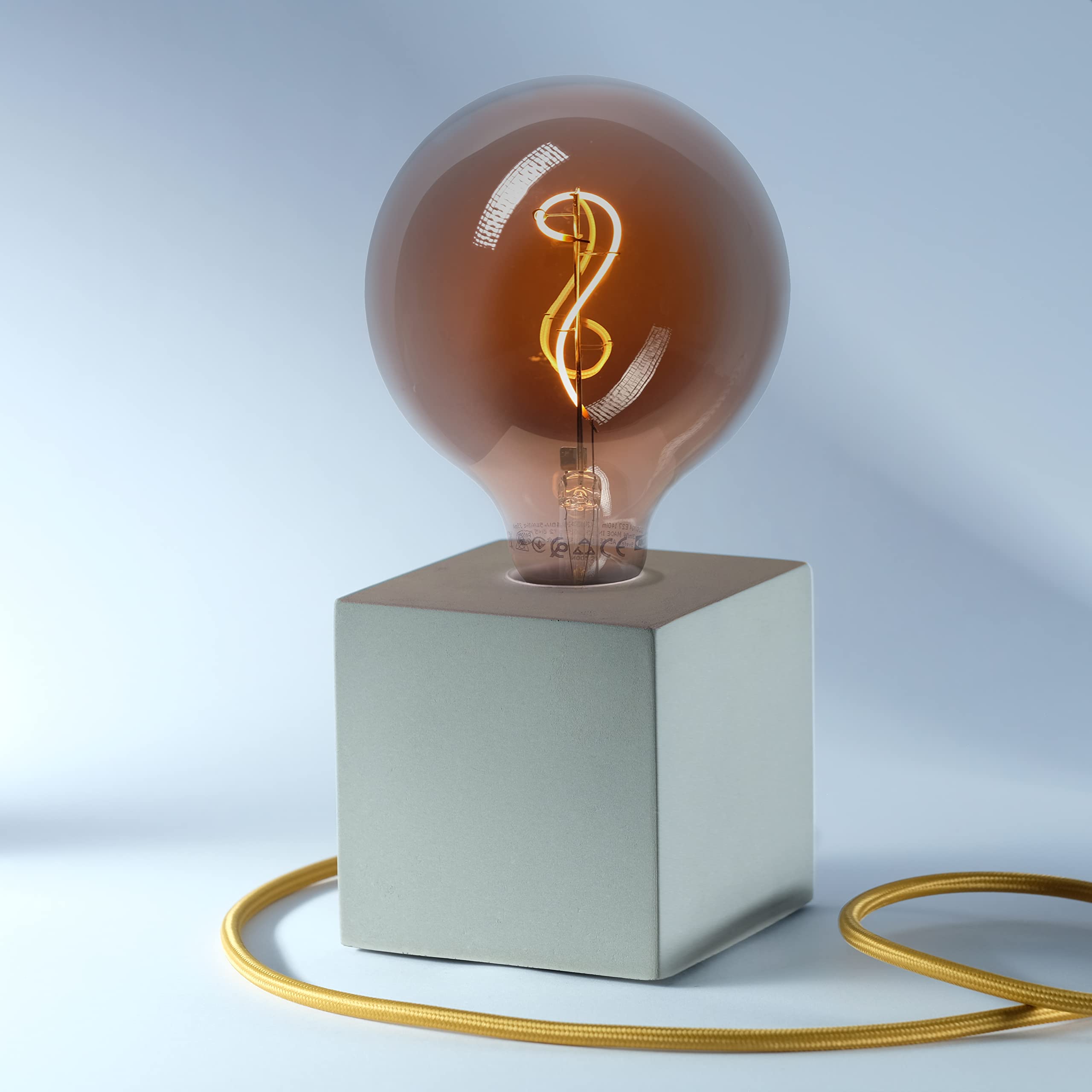 lampada da tavolo a cubo, design industriale, base in calcestruzzo, lampadina non inclusa, cavo oro