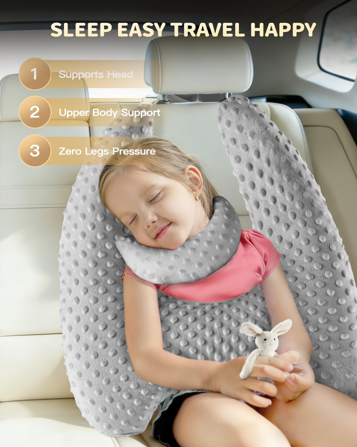 Oreiller de voyage en mousse à mémoire de forme pour enfants, oreiller de voiture en forme de H pour dormir, taie d'oreiller amovible, réglable, pois en velours, gris