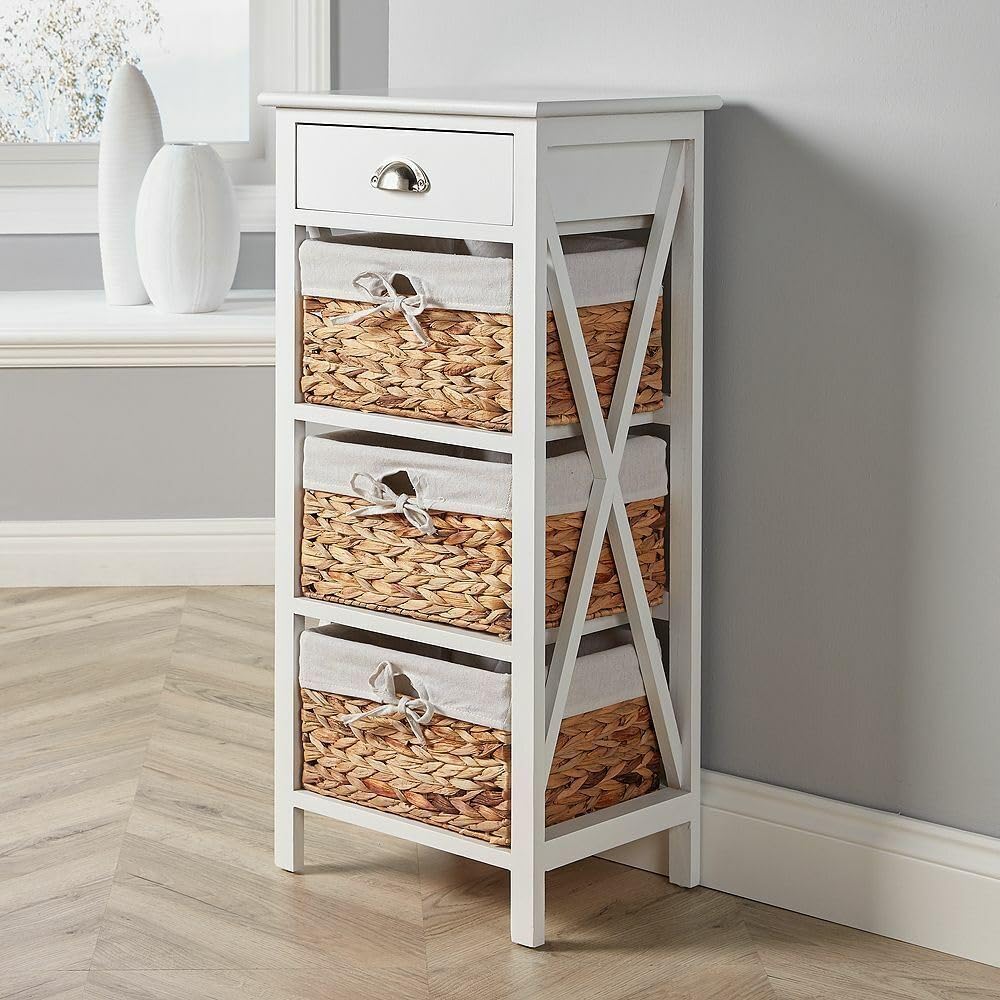 Home Source Dartmouth 3 Woven Basket 1 Drawer Storage Chest Fully Assembled White