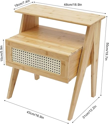 Miniatura 2 de Mesita de noche de bambú, mesa auxiliar con cajones y patas de madera maciza, mesita de noche para dormitorio, sala de estar, color natural