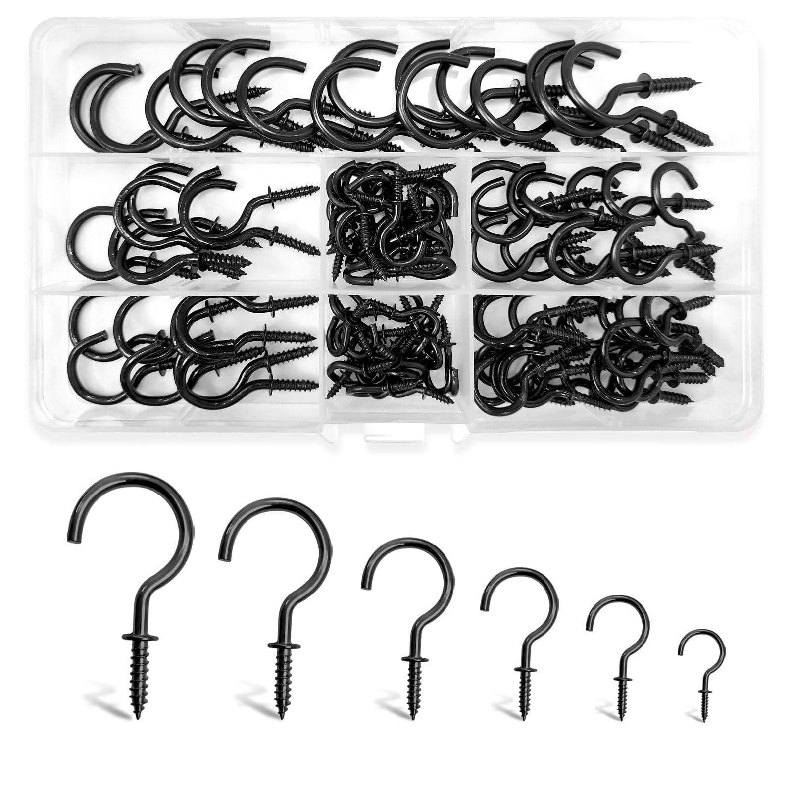 105Pcs Metal Cup Hook Kit 6 Sizes Screw Hooks Screw-in Ceiling Hooks for Home Outdoor Attachment and Suspension (1/2", 5/8", 3/4", 7/8", 1'', 1-1/4") (Black)