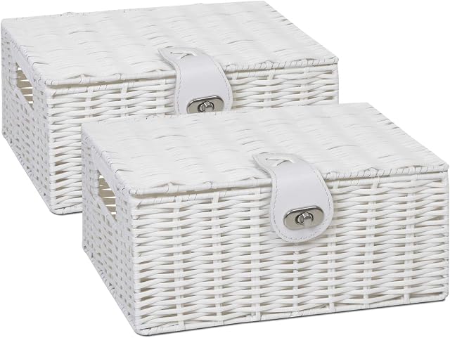 2 x Arpan Resin Woven Storage Hamper Basket Box with Lid & Lock (White - Small)