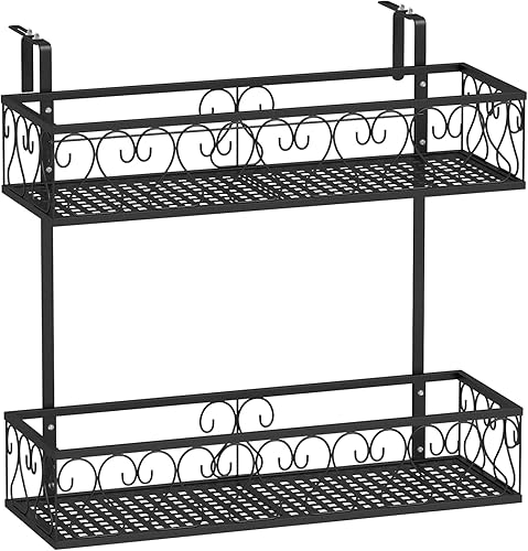 LDAILY Estante colgante de 2 niveles, soporte para macetas colgantes con ganchos ajustables, estante de cesta de barandilla, contenedor de metal