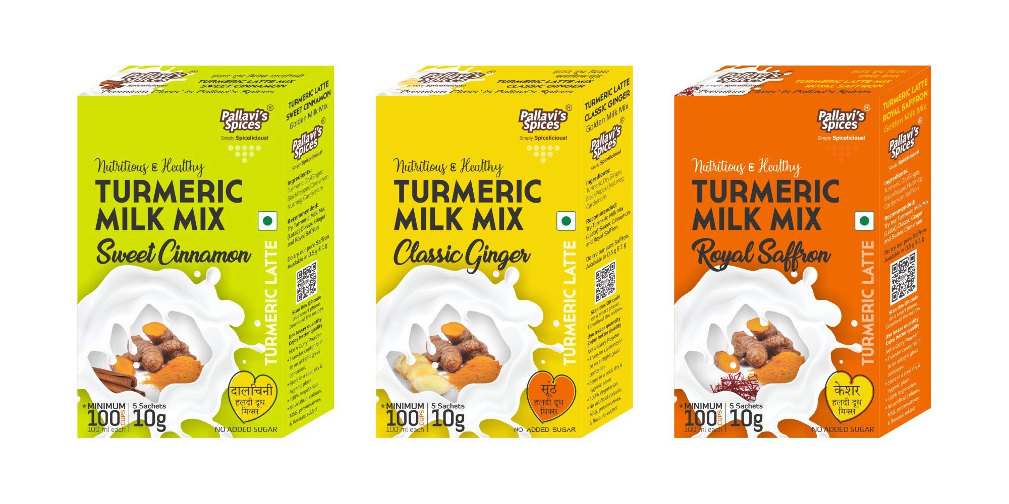 Pallavi's Spices Turmeric Milk Mix Sweet Cinnamon, Royal Saffron and Classic Ginger 150 grams (Combo of 3)