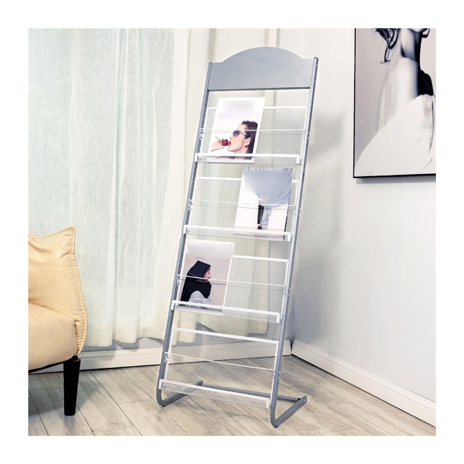 SWENEEN Floor Magazine With Tiers Exhibitions Offices Display For Newspaper Catalogs 63X38X125Cm,Silver 63X38X1,Silver-48x38x142CM/18.90x14.