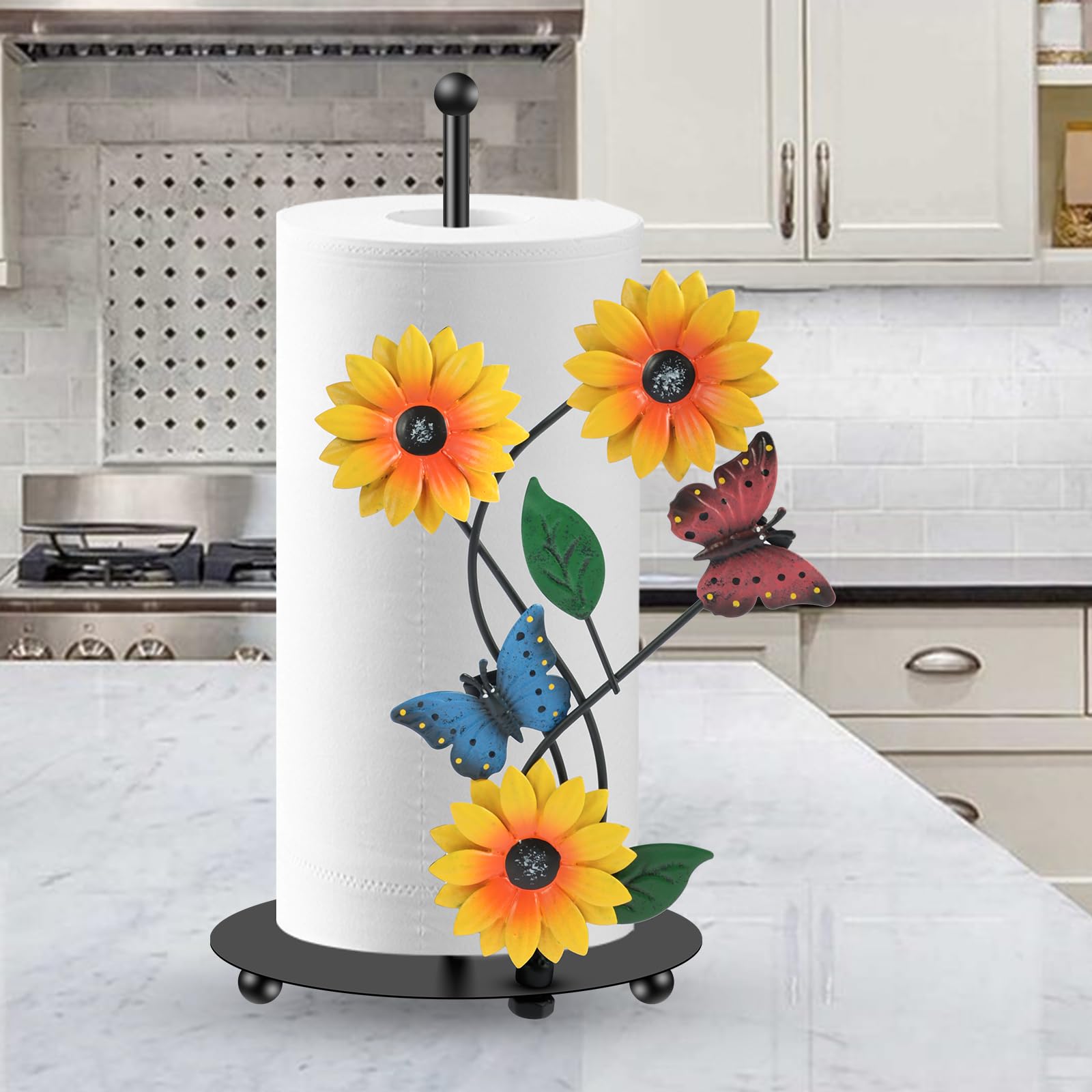 Kitchen Roll Holder Sunflower Paper Towel Holder Black Metal Free Standing Non Slip Countertop Organizer Vintage Farmhouse Home Decoration (Butterfly) - Image 4