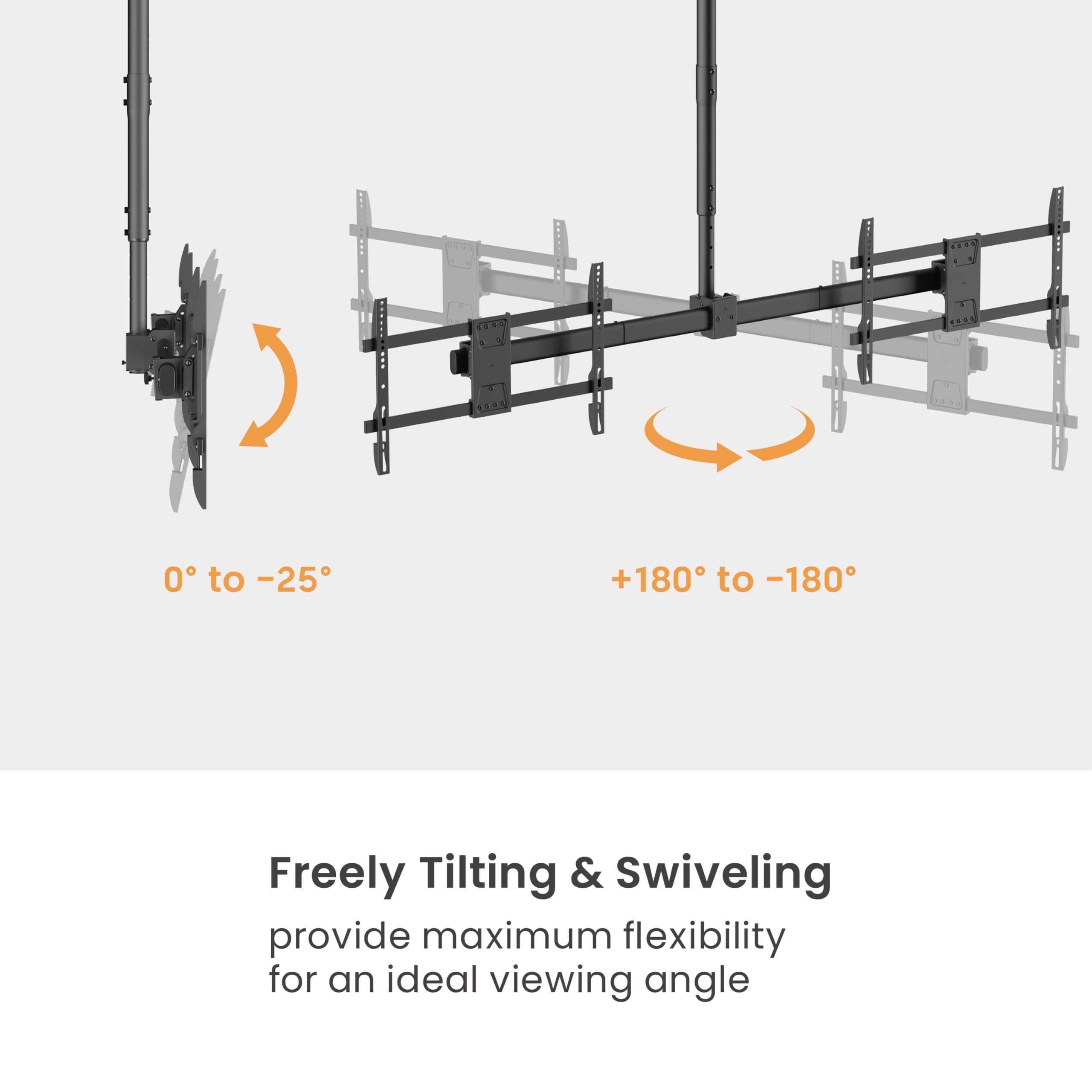 Mount Plus CB-D600 2x1 - Supporto a soffitto per menu a doppio schermo, per TV da 37" a 60", palo regolabile in altezza, peso massimo 39,9 kg per schermo, modelli VESA fino a 600 x 400, girevole a 360