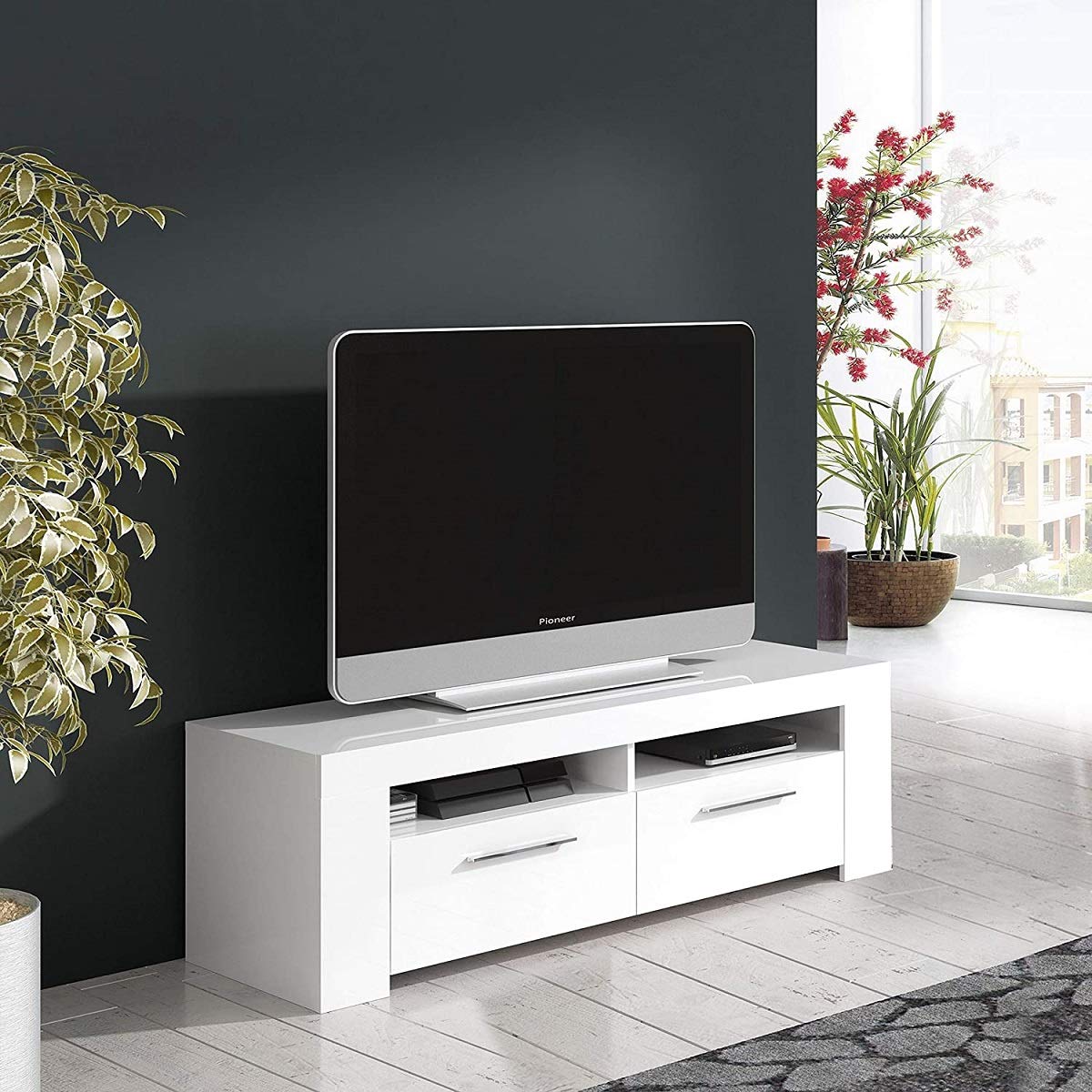Cassettiera RTV Basic 120 Cm Bianca | Mobile Per TV E Soggiorno Con Ripiani | Dimensioni: L120 X P40 X A40 Cm
