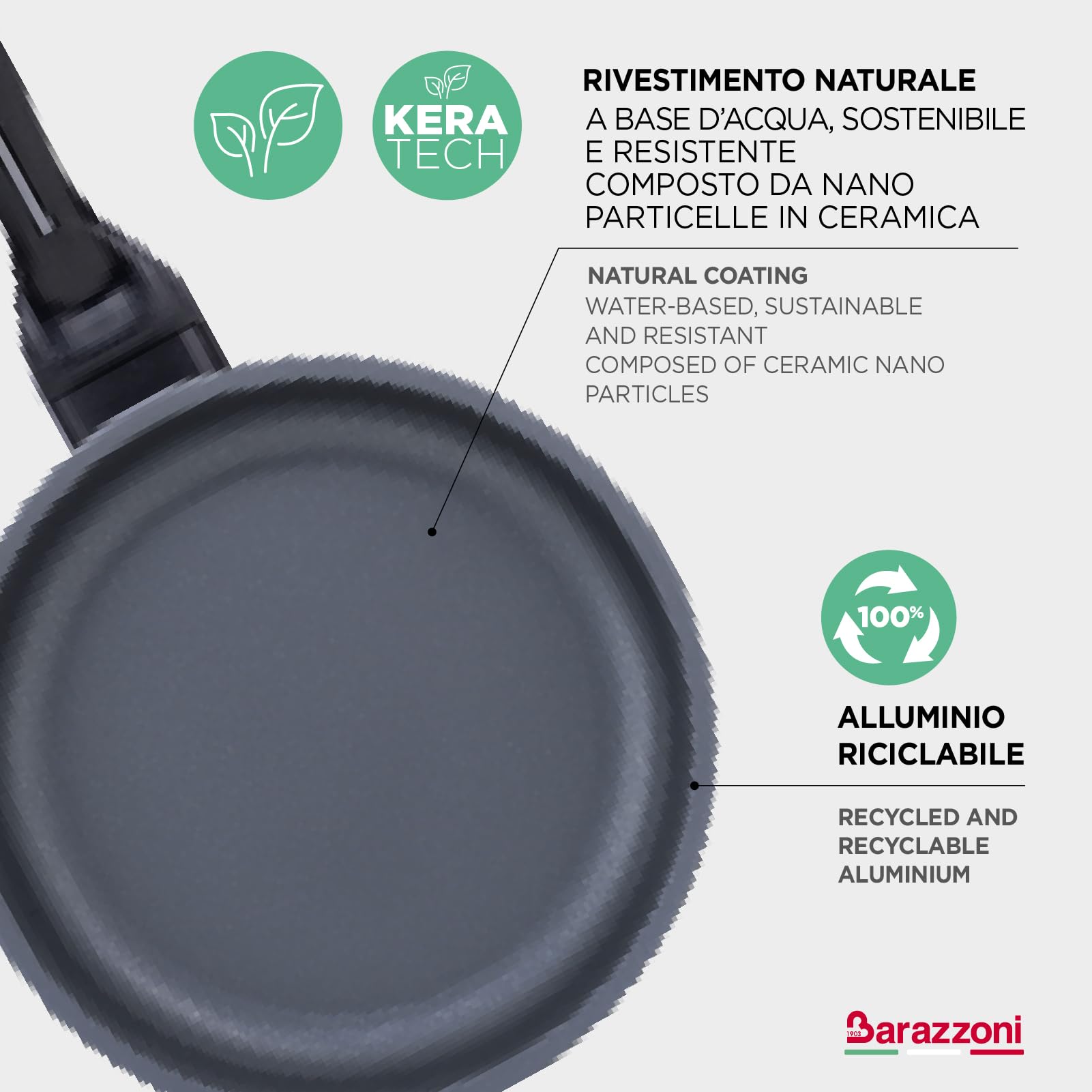 Barazzoni, Poêle avec revêtement en céramique, aluminium, ø28 cm, poignée ergonomique, convient également pour induction, sans phase, fabriquée en Italie
