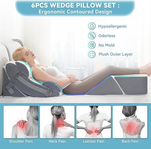 Miniatura 4 de Kingfun Juego de 6 almohadas ortopédicas en forma de cuña para cama, de espuma viscoelástica para dormir, almohada en forma de cuña triangular