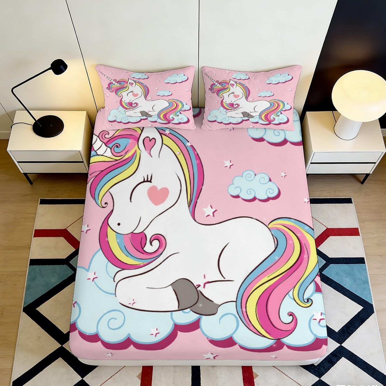 3D Printed Pink Unicorn Fitted Sheet Microfiber Non-Slip Colorful Rainbow Clouds Mattress Cover Bedroom Dorm Decor 120x200x25cm
