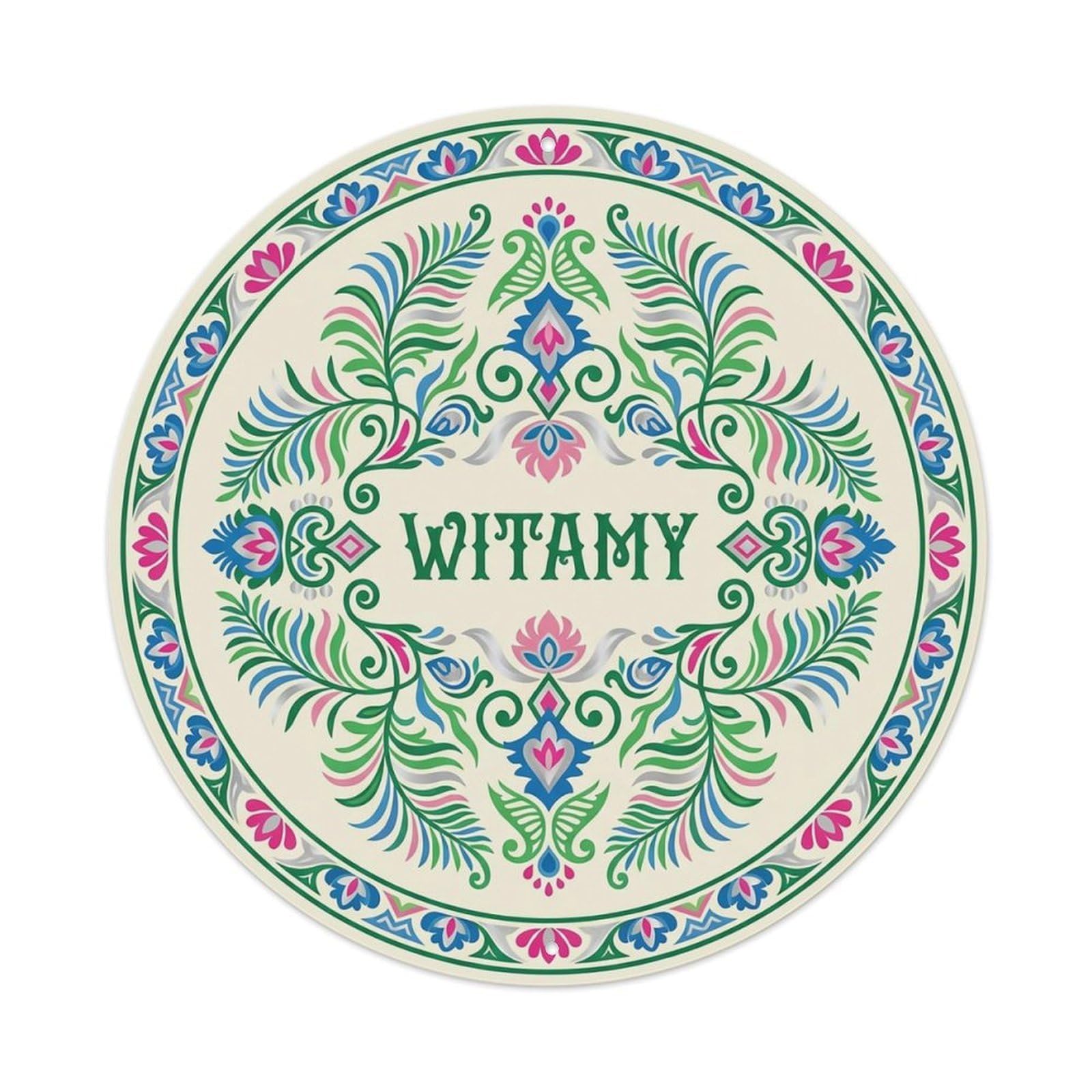 Vintage Polish Folk Art Witamy Welcome Nymph Fern Metal Tin Sign