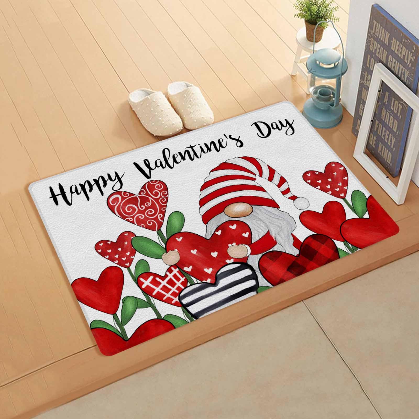 Valentine's Gnomes White Kitchen Bath Door Mat Cushioned Runner Rug,Washable Welcome Floor Sink Antifatigue Mat,Waterproof & Non-Slip Comfort Standing Doormat,Watercolor Red Love Heart 18