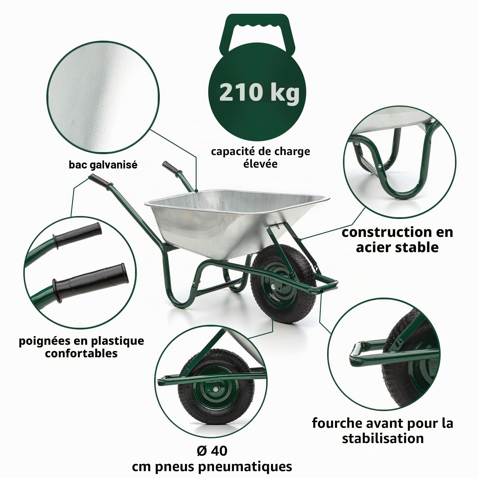 Brouette MIDORI de 100 litres avec capacité de charge de 210 kg, Pneus Pneumatiques, Cadre et Jante en Acier, Galvanisé, Tippable, Antidérapant, Résistant aux intempéries