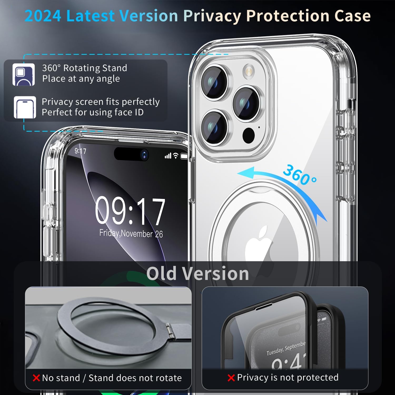 Privacy Case for iPhone 16 Pro Max with 360°Stand [Built-in Anti Peeping Screen Protector] [Compatible with MagSafe] [Magnetic Ring ] Full Body Protective Phone Cover 6.9", Clear - Image 7