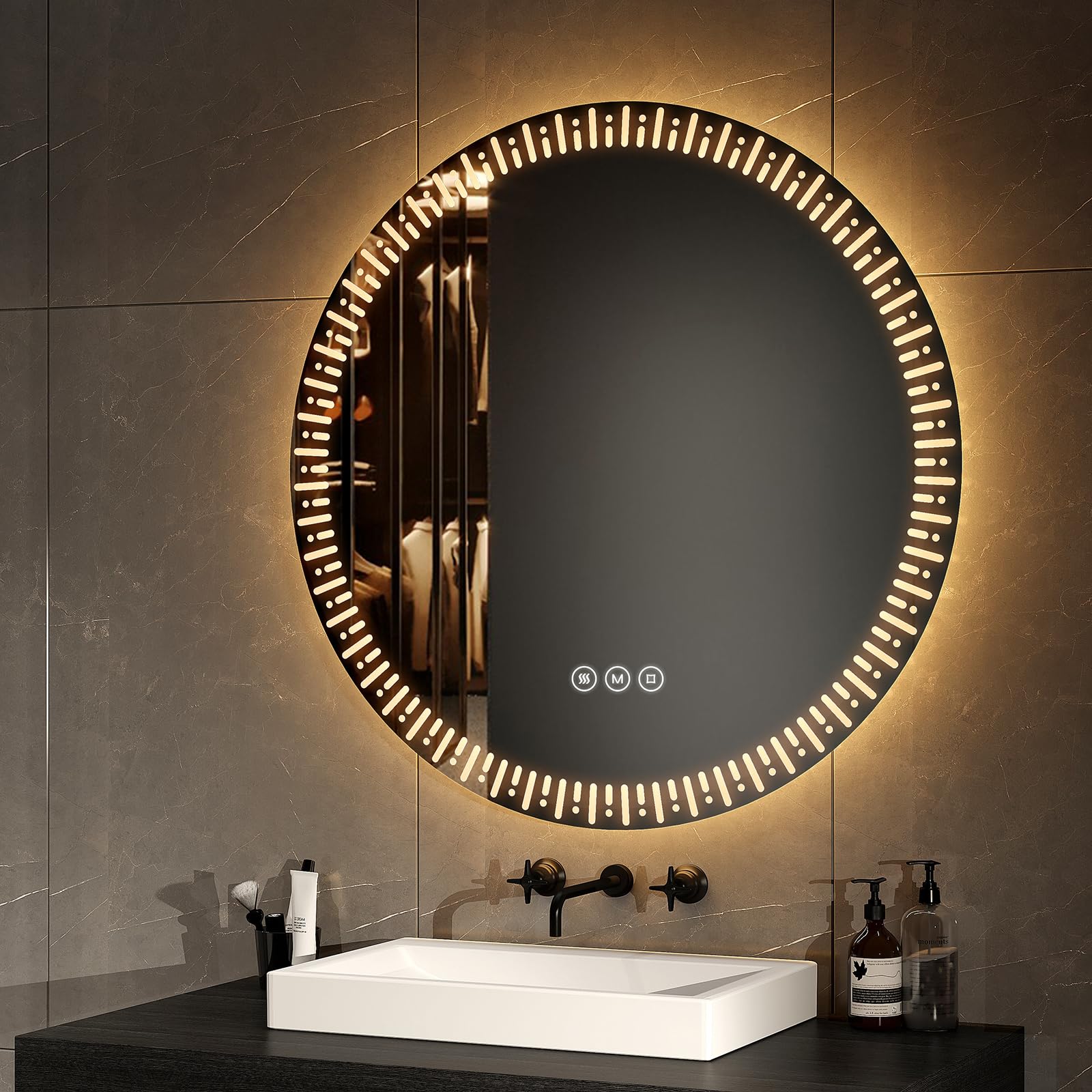 EMKE Espejo de baño Redondo con retroiluminación LED, diámetro 80 cm, con antivaho+Interruptor táctil+3 Colores de luz Variables, Espejo Decorativo Redondo de Moda,Espejo baño