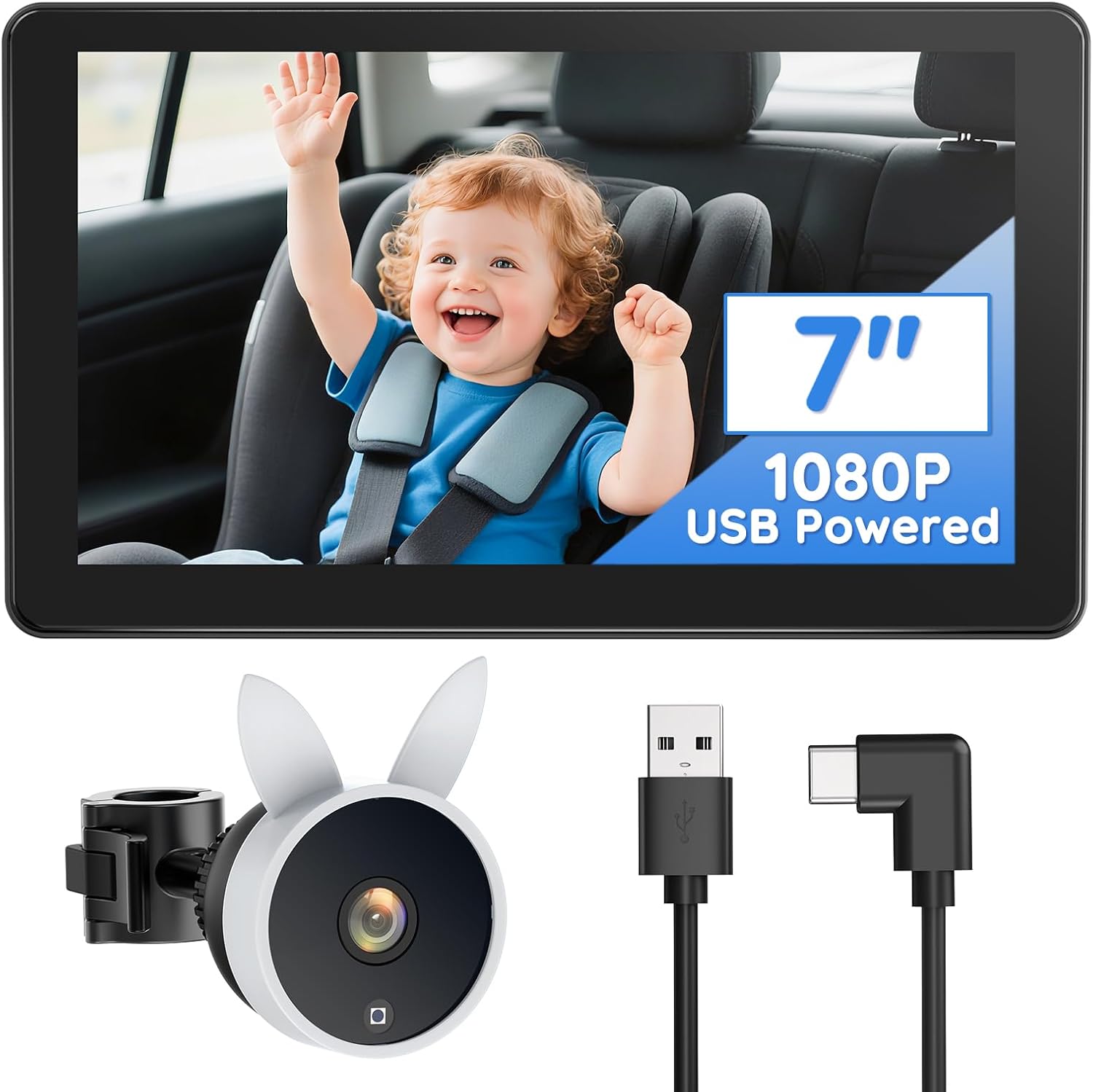 Babyvue BV4 7" Baby Car Camera, IPS 1080P HD Display with AUTO IR Night Vision, USB Powered Plug & P