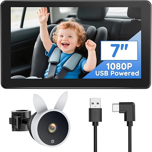 Babyvue BV4 Cámara de coche para bebé de 7 pulgadas, pantalla IPS 1080P HD con visión nocturna IR, cámara de asiento trasero Plug & Play alimentada