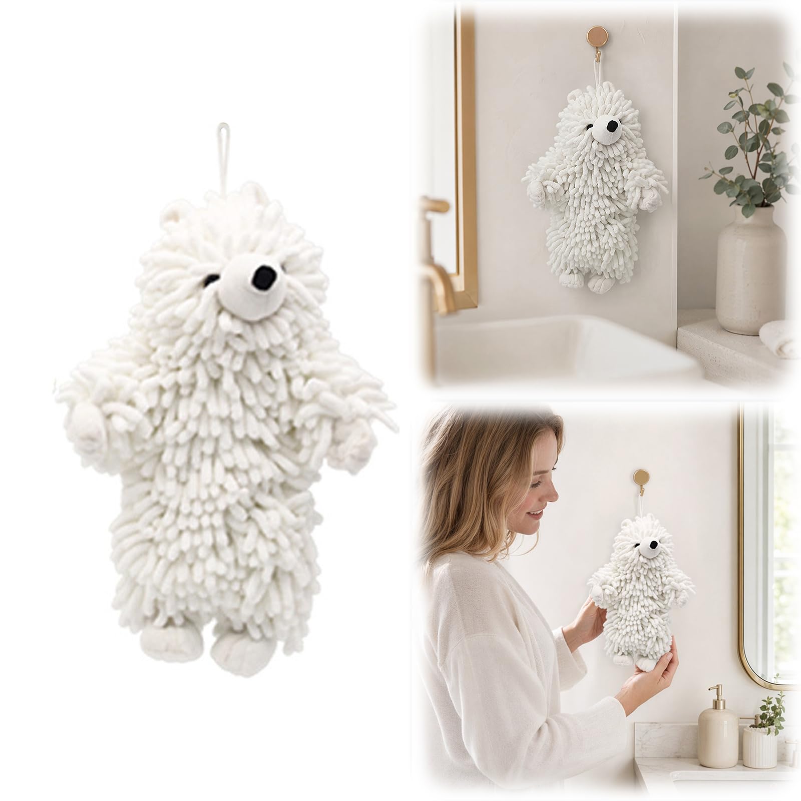 Chenille Bear Hand Towel - Cute 3D Plush Bear Hand Towel with Loops, Super Absorbent Hanging Kitchen & Bathroom Towels for Kids, Microfiber Fuzzy Animal Hangable for Bath, Washstand
