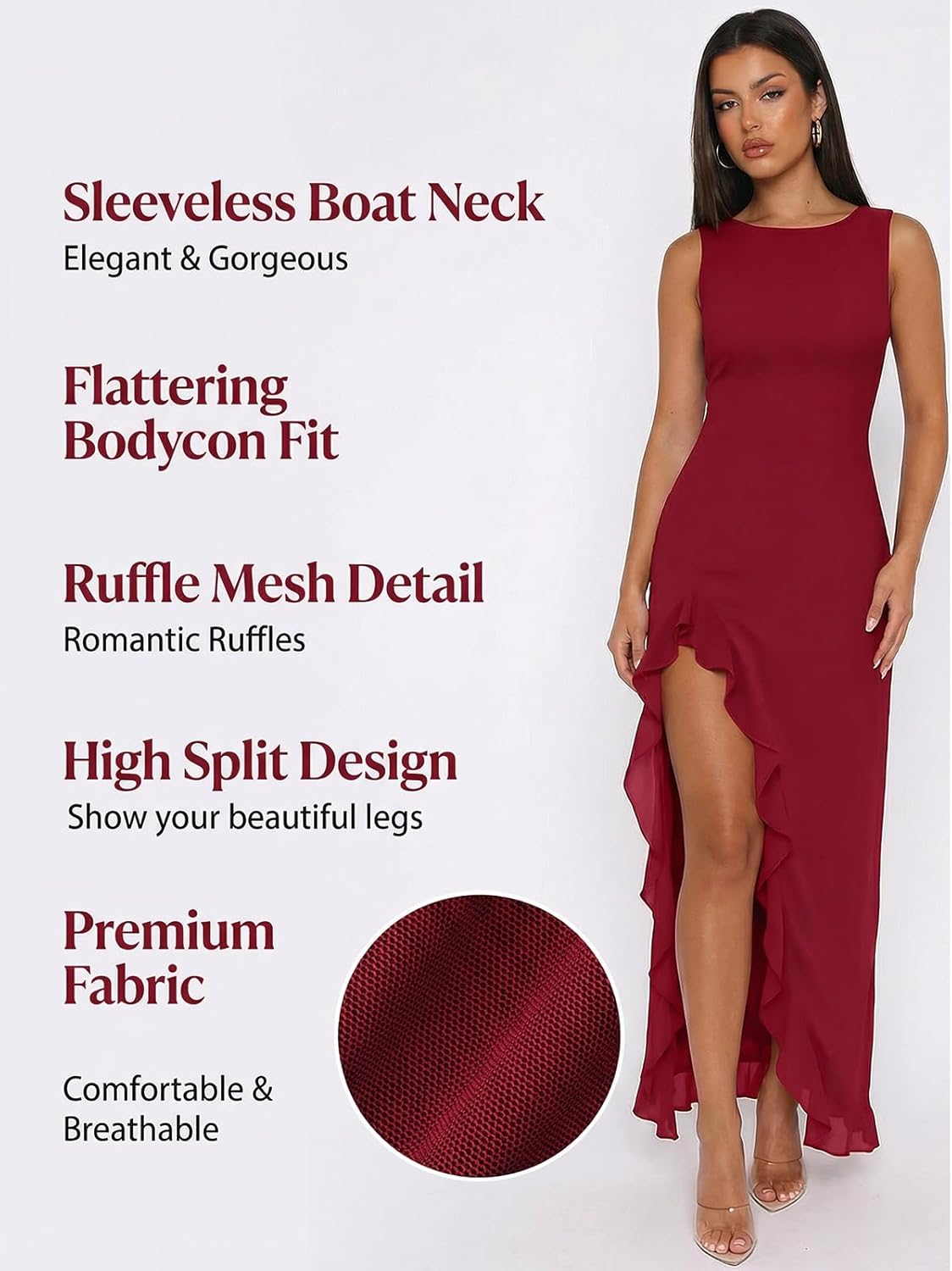 Women Sexy High Slit Mesh Ruffle Mermaid Maxi Dress Sleeveless Bodycon Wedding Guest Cocktail Party Dress