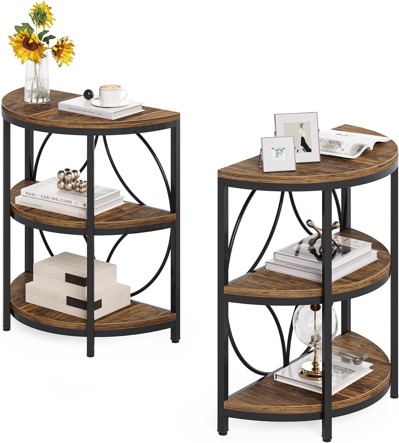 (Incomplete)LITTLE TREE Half Round End Table, 3-Tier Narrow Side Table with Metal Frame, Half Circle Table, Half Moon Small Coffee Accent Table Bedside Table for Living Room, Bedroom Rustic Brown (2 Pcs) 23.62 D x 11.81 W x 25.98 H Inch