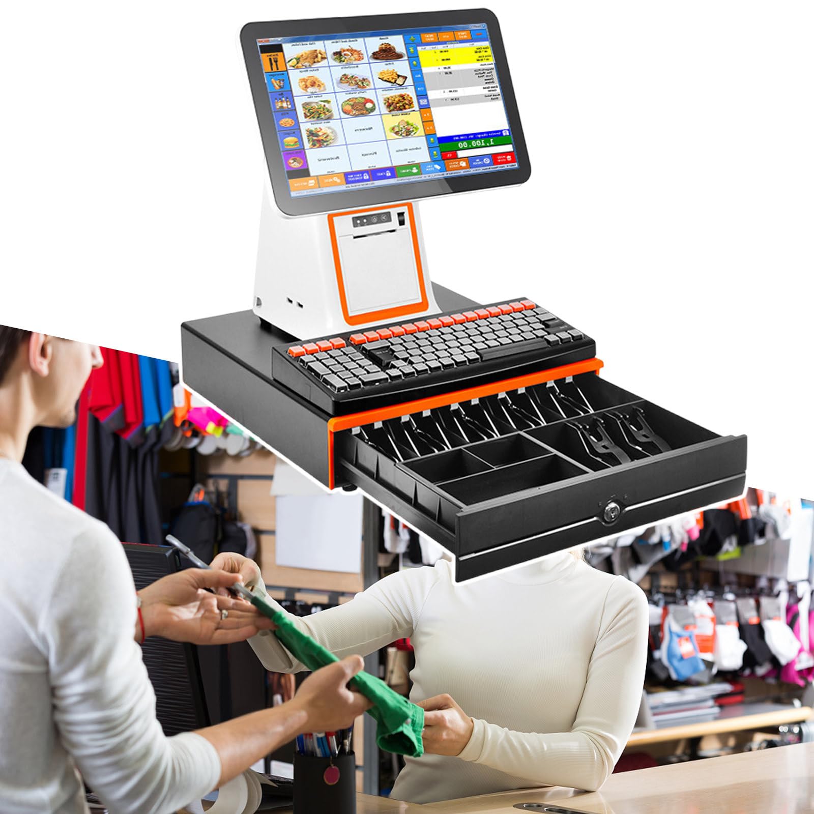 Registratore di Cassa per Piccole attività, Registratore di Cassa Commerciale, con Cassetto Portadenaro con Serratura, Tastiera, Doppio Display Digitale da 8,White