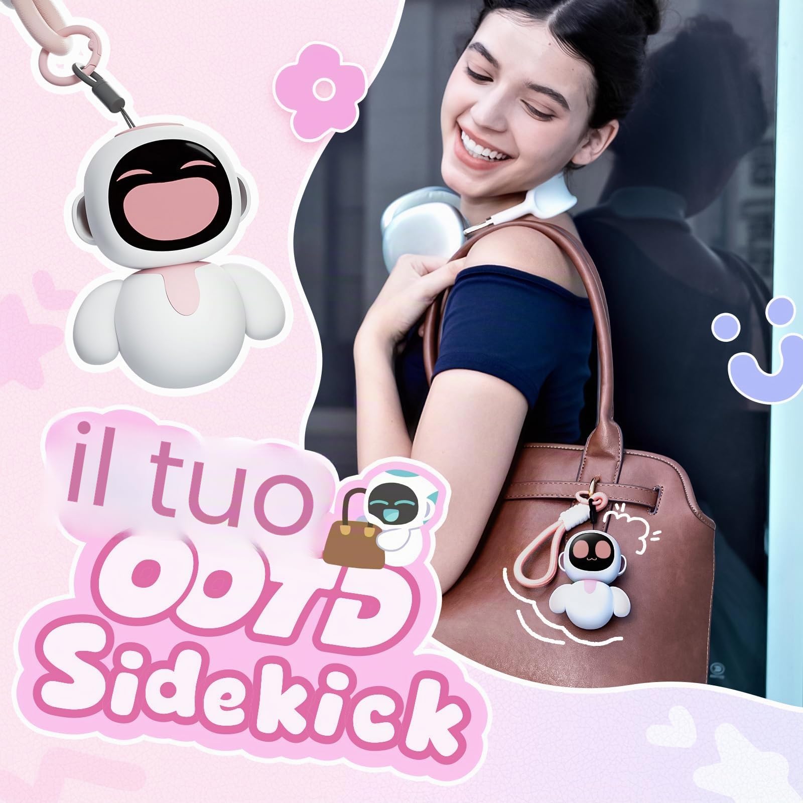 Eiliko Coral Pink + Corpi tematici intercambiabili Random 1/8 - Il tuo piccolo robot AI che si abbina a qualsiasi outfit, divertenti giocattoli elettronici da appendere per coppie.
