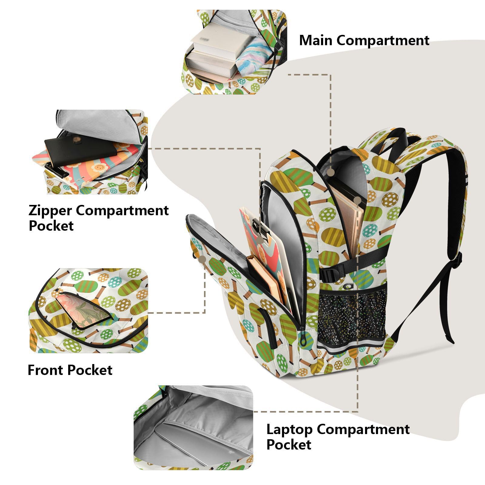Farbenfroher strukturierter Pickleball-Rucksack mit mehreren Taschen für Schule, Reisen, Outdoor, Uni, 44,5 cm (17,5 Zoll) Laptop-Rucksack für Damen und Herren