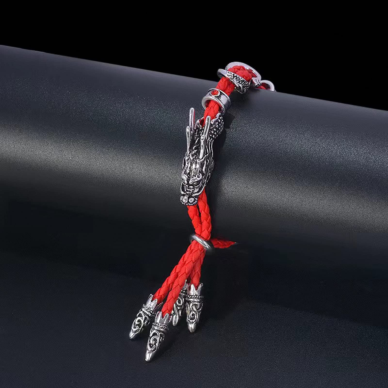 Pulseras de plata antiguas con estilo vintage con cuerda roja de cristal de diamantes de imitación de dragón para mujer, Acero aleado 2