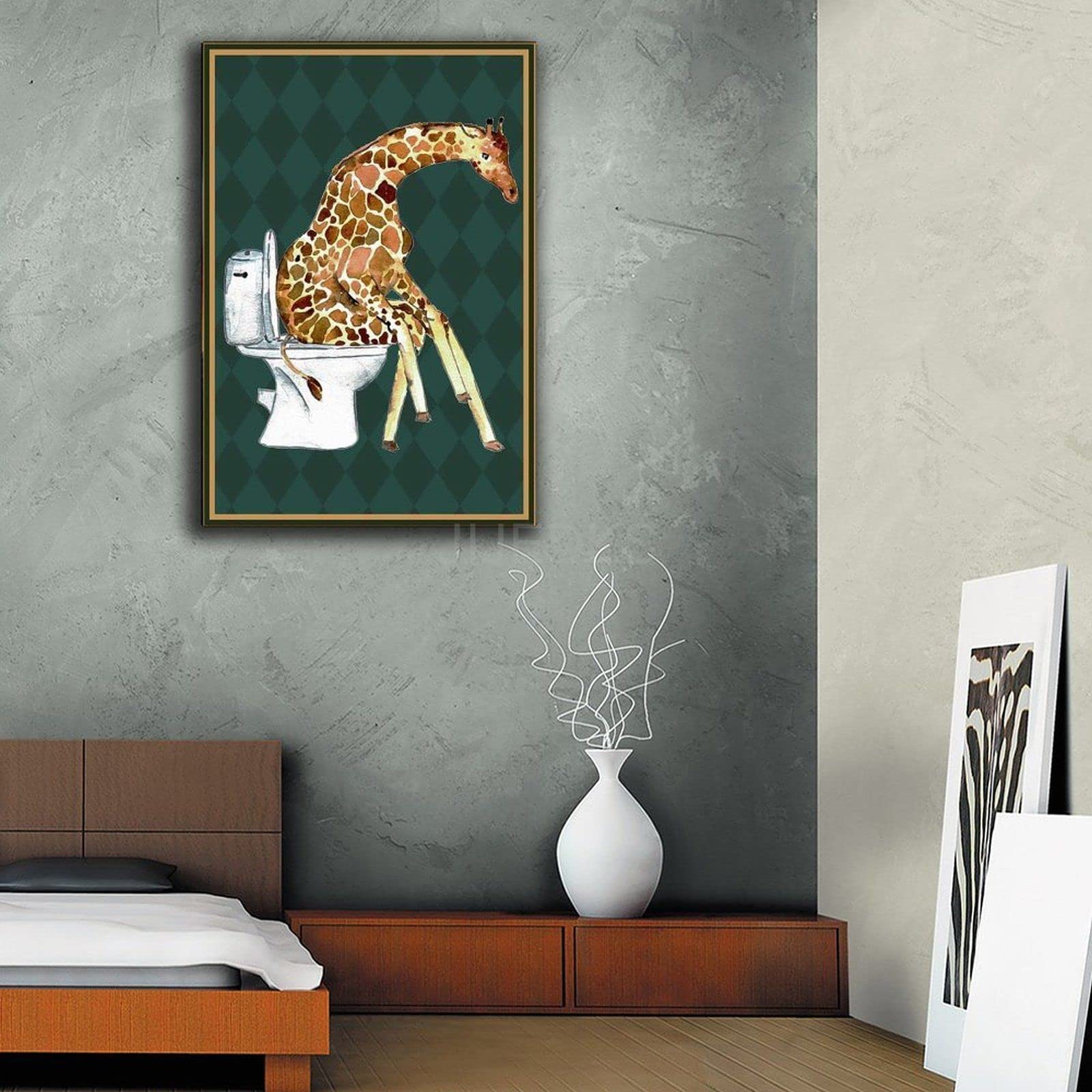 Tableau Toile Déco Humoristique - Girafe Assise Sur Les Toilettes - 30x45 Cm (12x18 Inch) - Prêt à Accrocher
