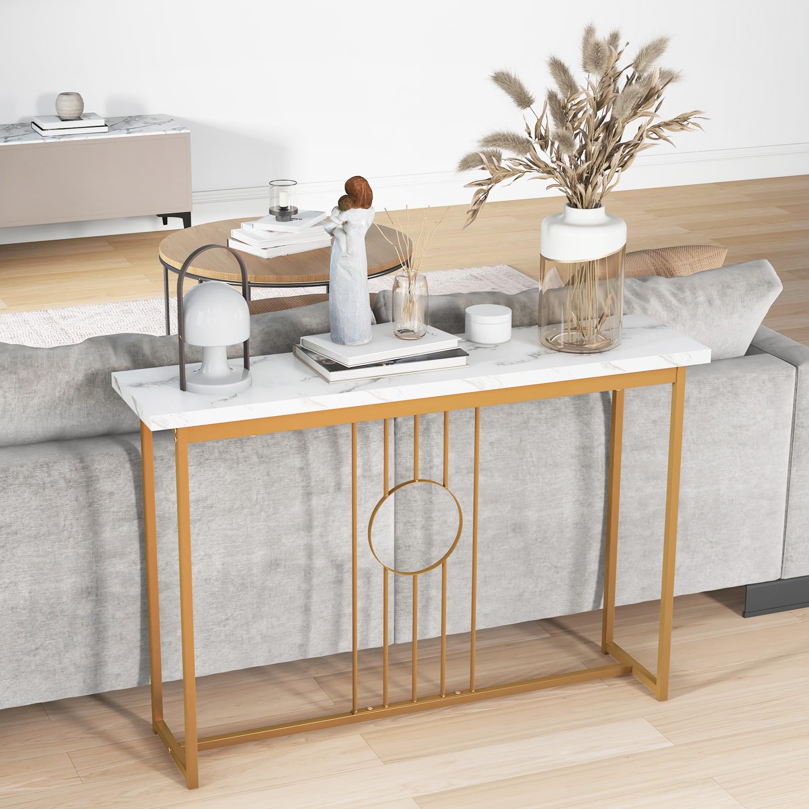 COSTWAY Tavolo Consolle 120CM, Tavolo Moderno con Piano Effetto Marmo, Struttura in Metallo Robusto e Piedini Regolabili, Tavolino da Divano per Soggiorno, Corridoio e Ingresso