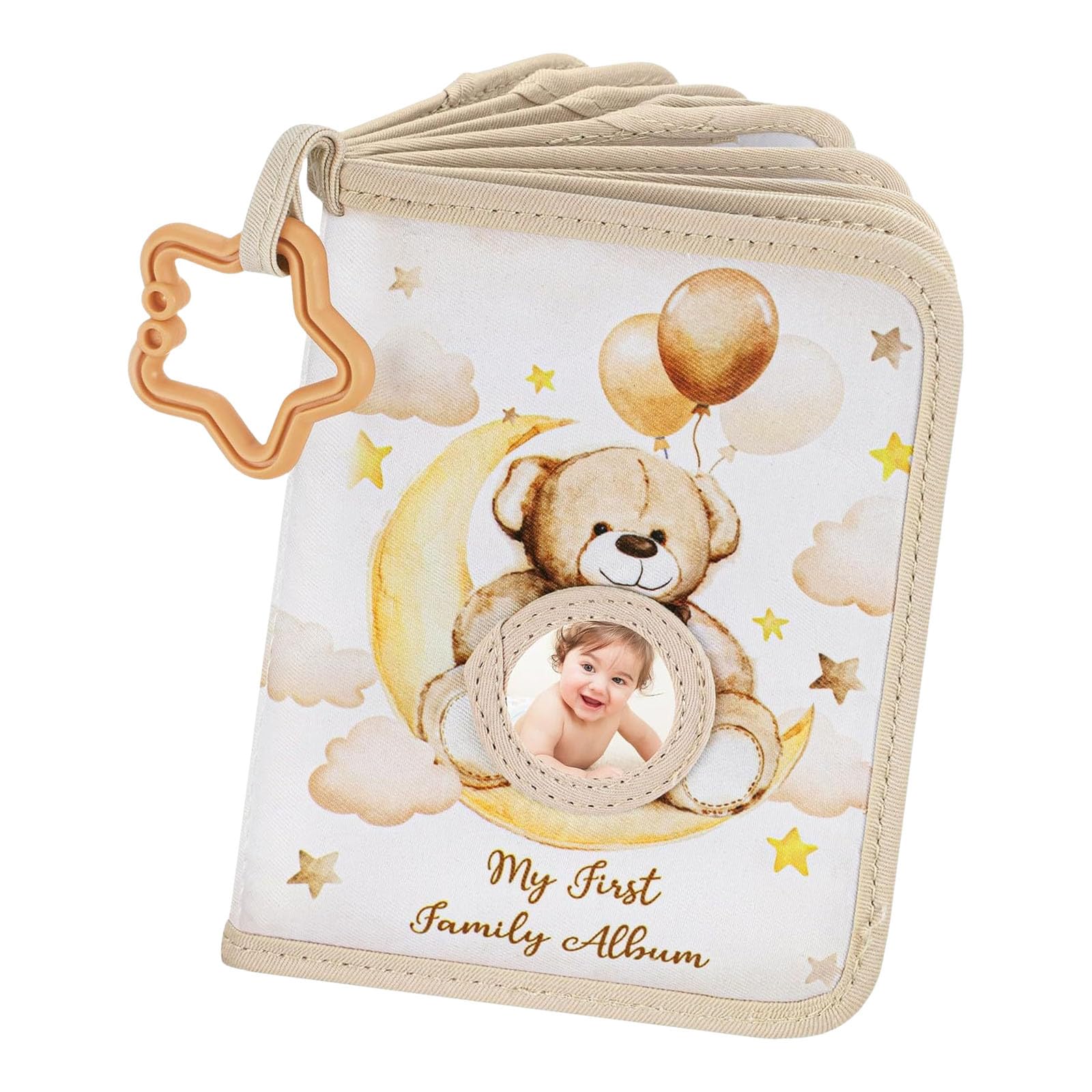 Tsophreniq Photo Album with Safe Mirrored and Star Teether Rings Bear Pattern Picture Book for Infant Photography Newborns Keepsakes