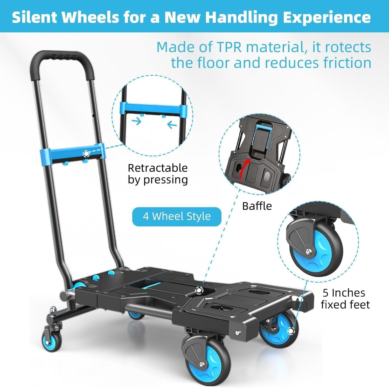 Folding Hand Truck 330 Lbs Capacity, 2-in-1 Heavy Duty Foldable Dolly Cart with Adjustable Handle & TPR Silent Wheels, Portable Aluminum Hand Cart for Moving, Luggage, Shopping, Office and Travel
