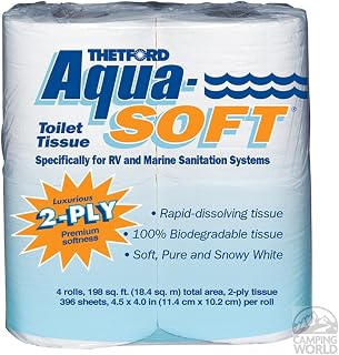 Aqua-Soft Toilet Tissue - Toilet Paper for RV and marine - 2-ply - Thetford 03300 (Pack of 4 rolls) , White