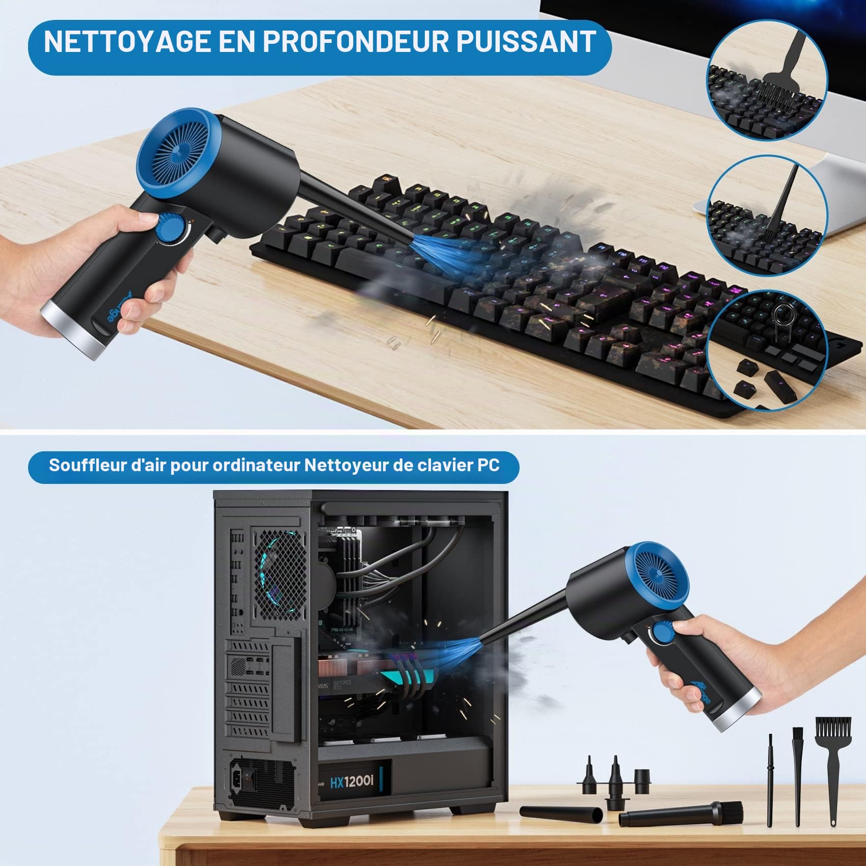 ATEngeus Dépoussiérant Puissants électrique, Dépoussiérant à air Comprimé à vitesse continue, Souffleur Air Comprimé pour le nettoyage du clavier, Souffleur PC d'air rechargeable