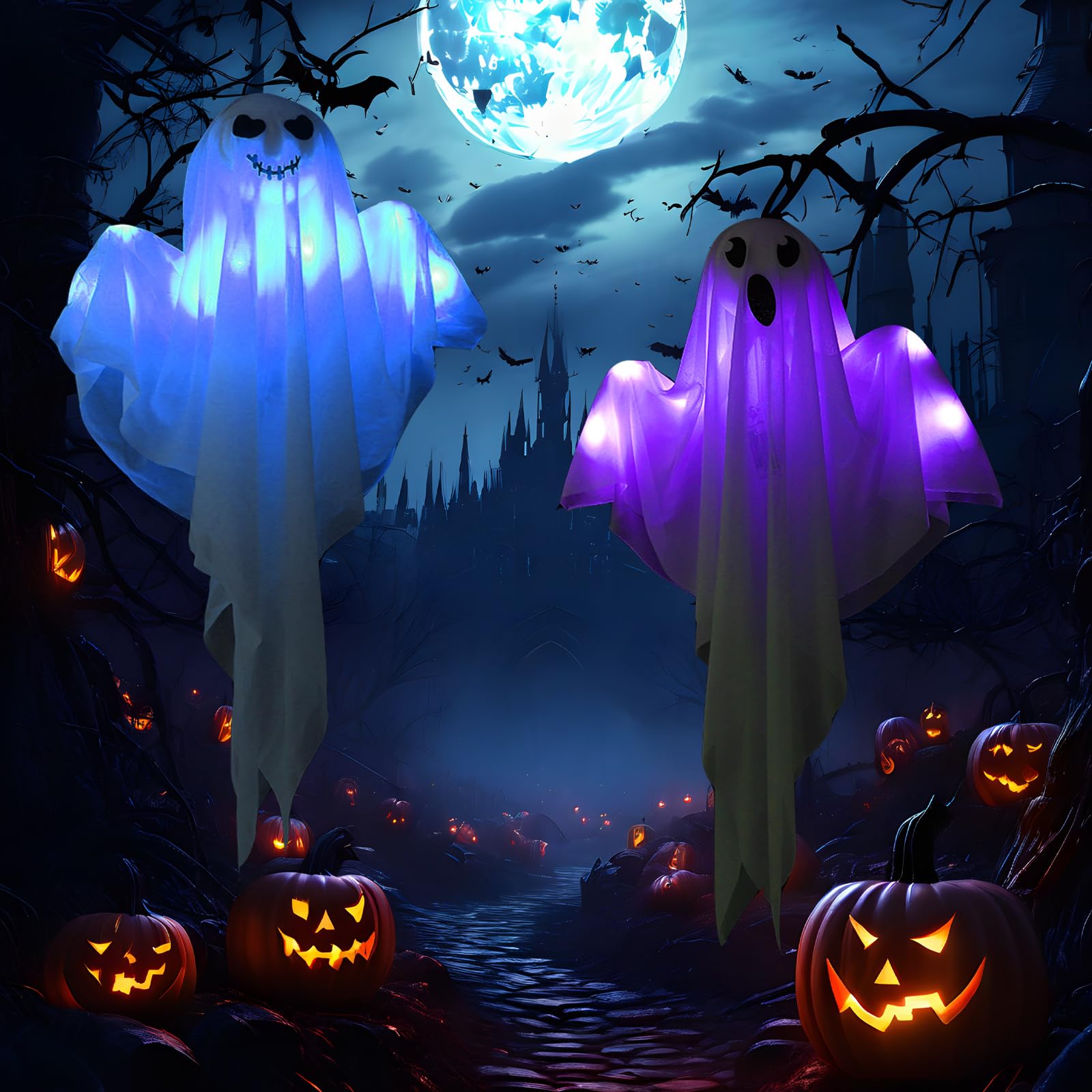 2 Fantasmi Appesi Di Halloween Con Garza Insanguinata – Decorazioni Spaventose 90x50cm Per Interni Ed Esterni