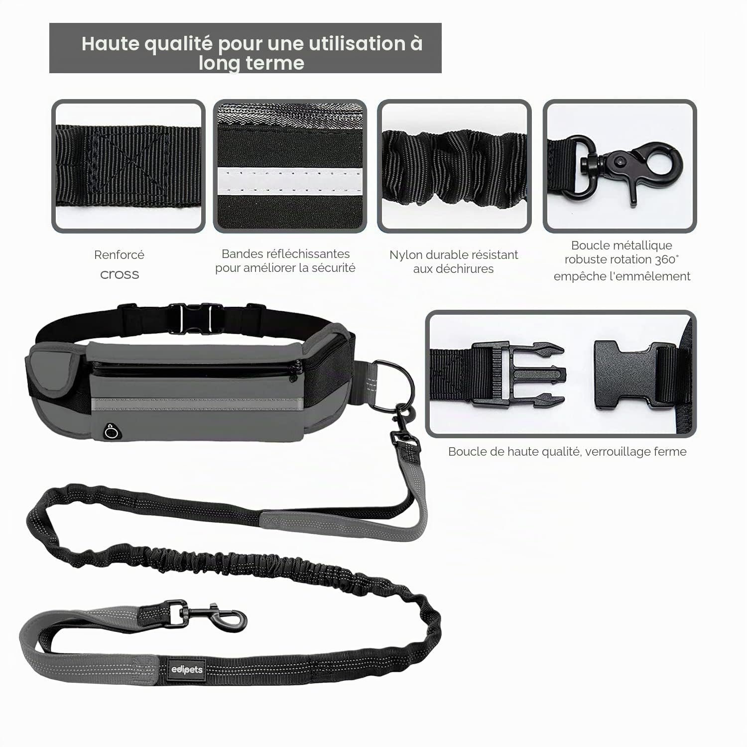 Edipets, Laisse Canicross, Main Libre Chien, pour Ceinture, Running, Anti-tirons, réfléchissant, 160-220 cm (Gris)